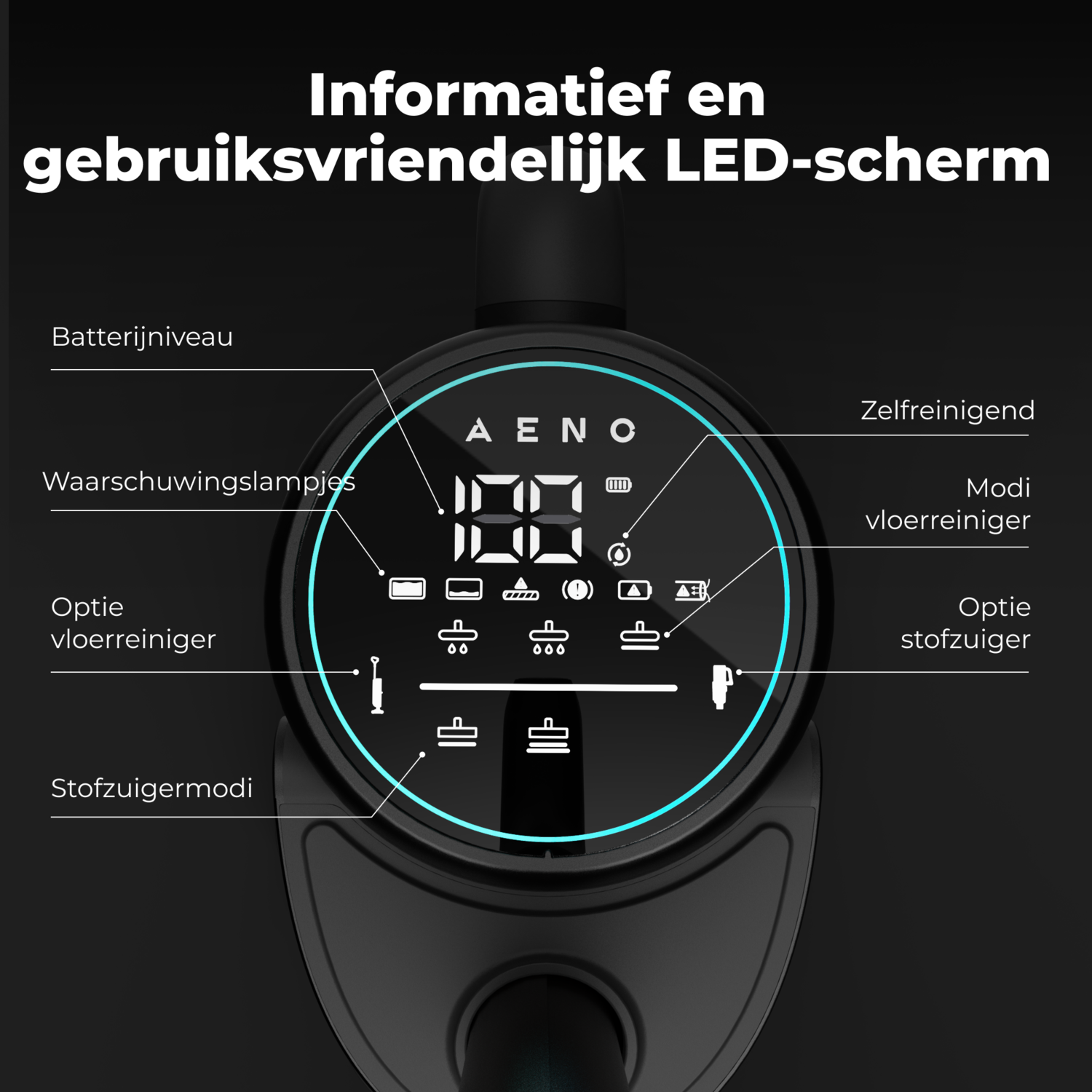 Close-up of a digital display with text and icons. The screen is black, indicating cleaning modes and battery level.