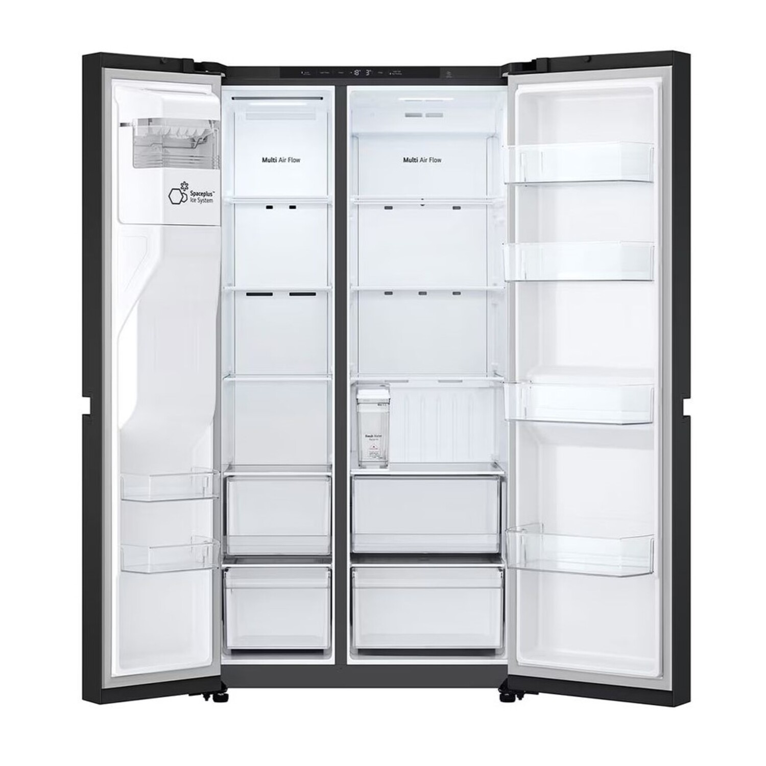 Open black refrigerator with shelves and drawers, labeled with the LG logo.