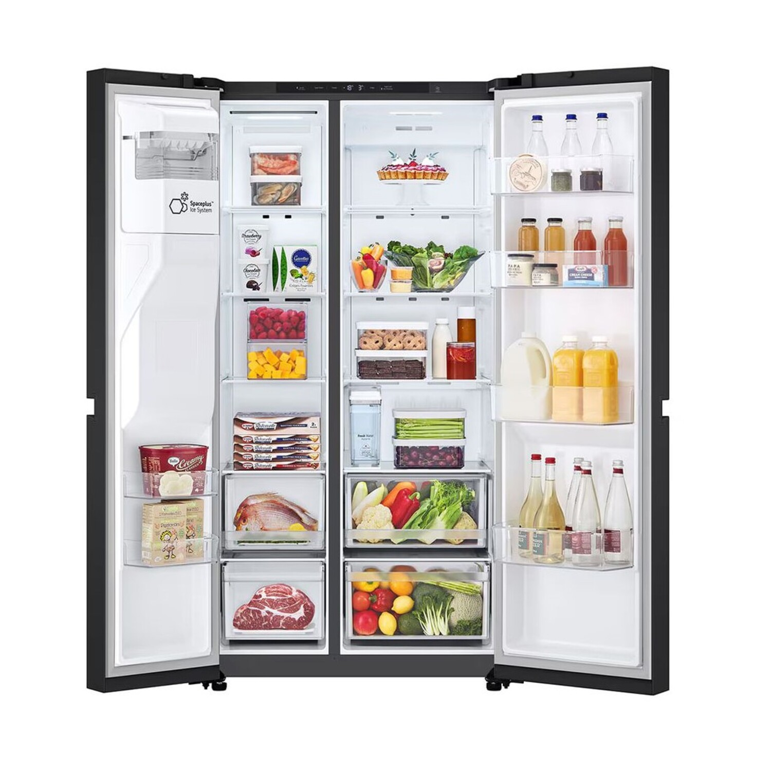 Black LG refrigerator with open doors, full of food. Various items are visible inside.
