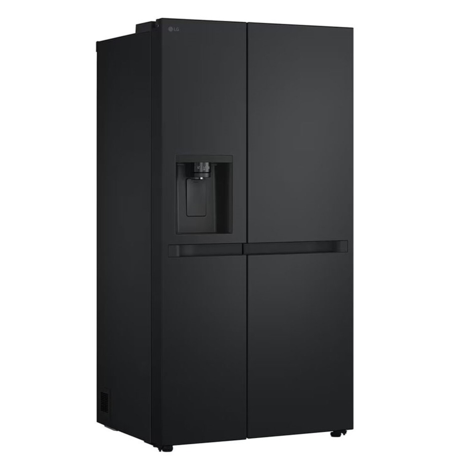 Black refrigerator with four doors. The LG logo is visible. It has a water dispenser.