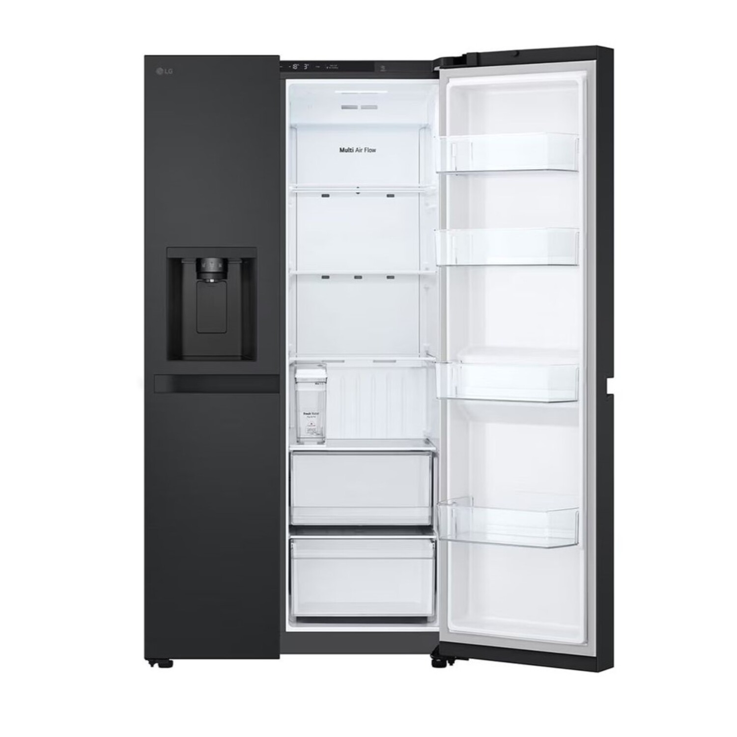 Black LG refrigerator with open door, revealing shelves, drawers, and a water dispenser. White interior.