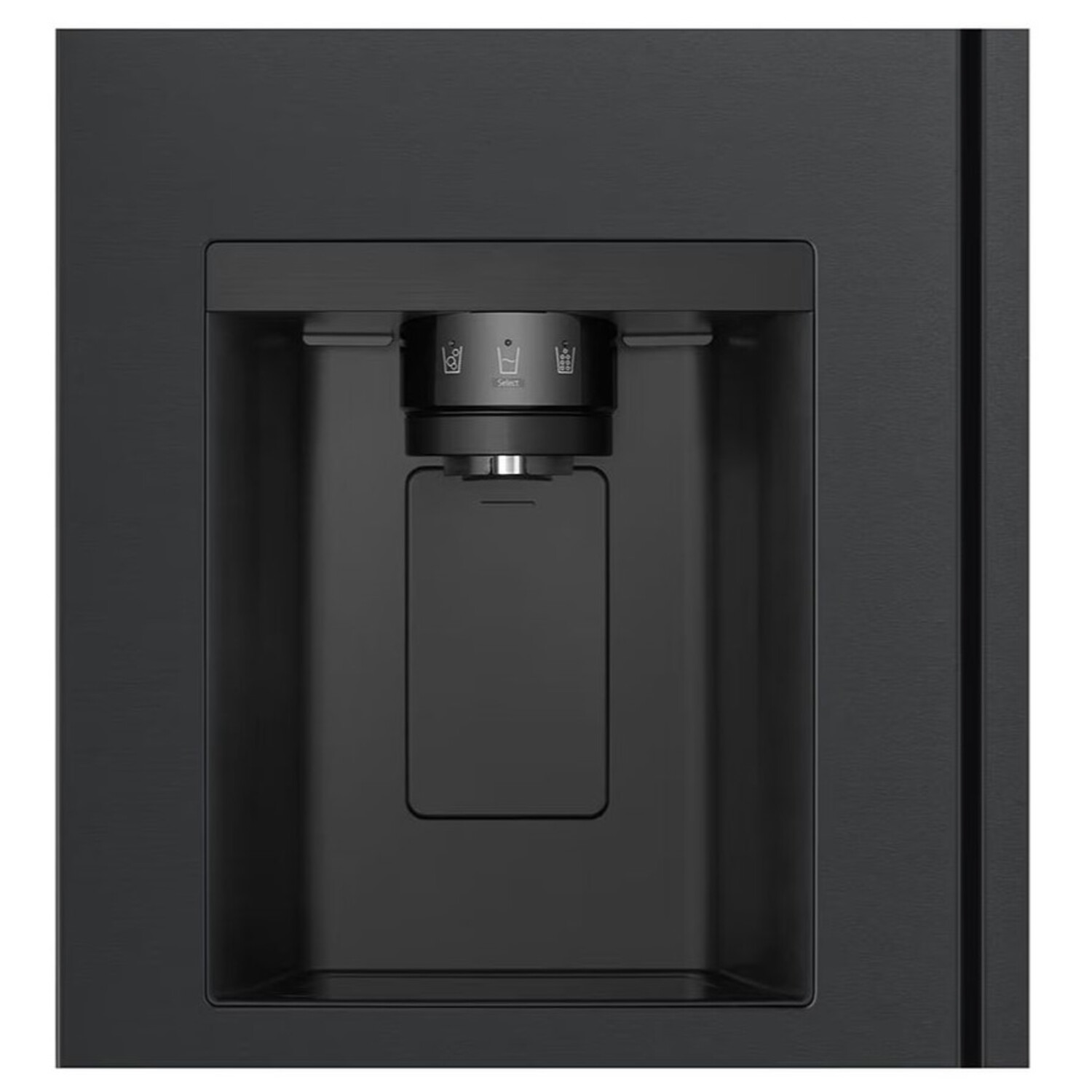 Black refrigerator water dispenser. Square recess. Silver tap. White background.