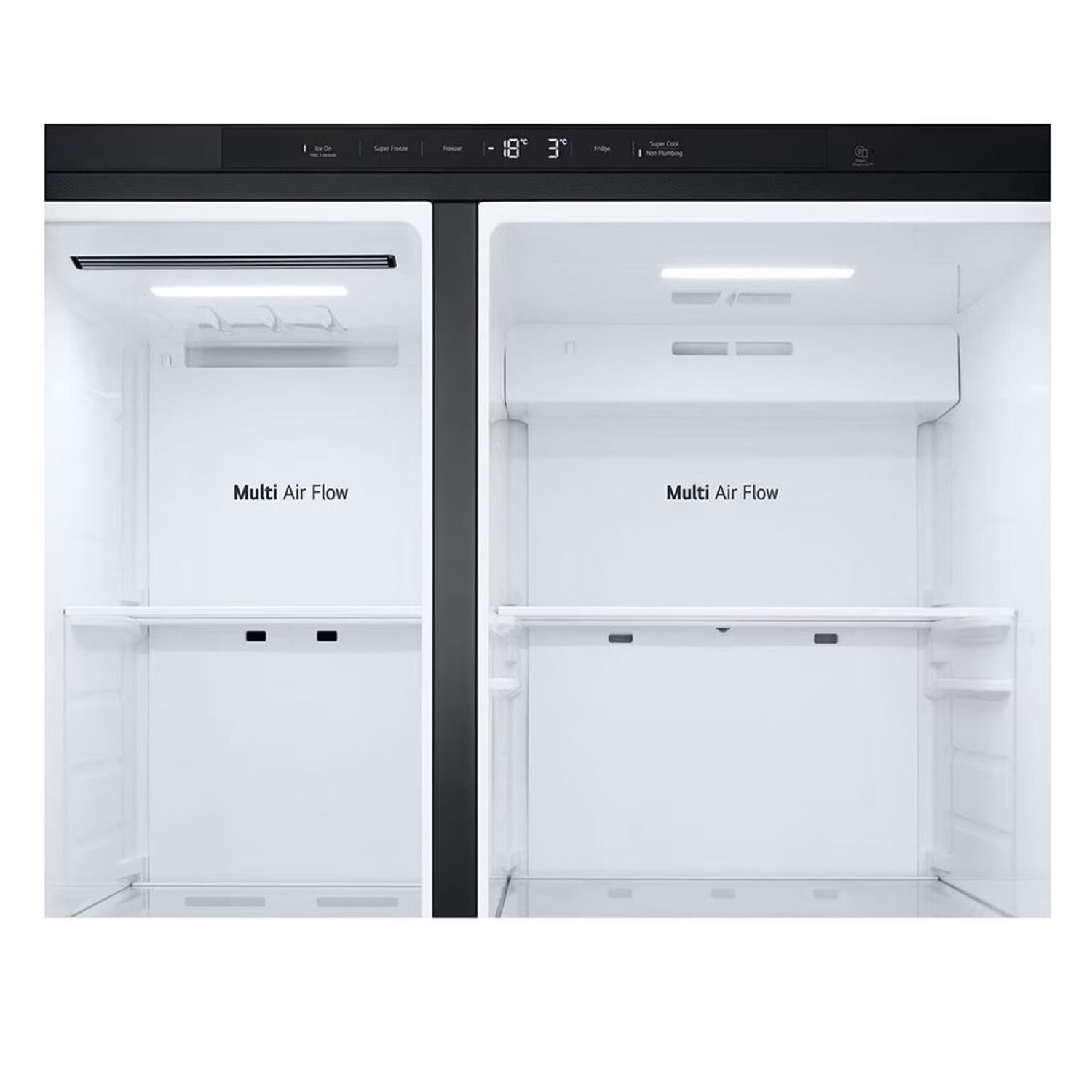 An open refrigerator with two compartments. Shelves and lights are visible. The temperature is shown.