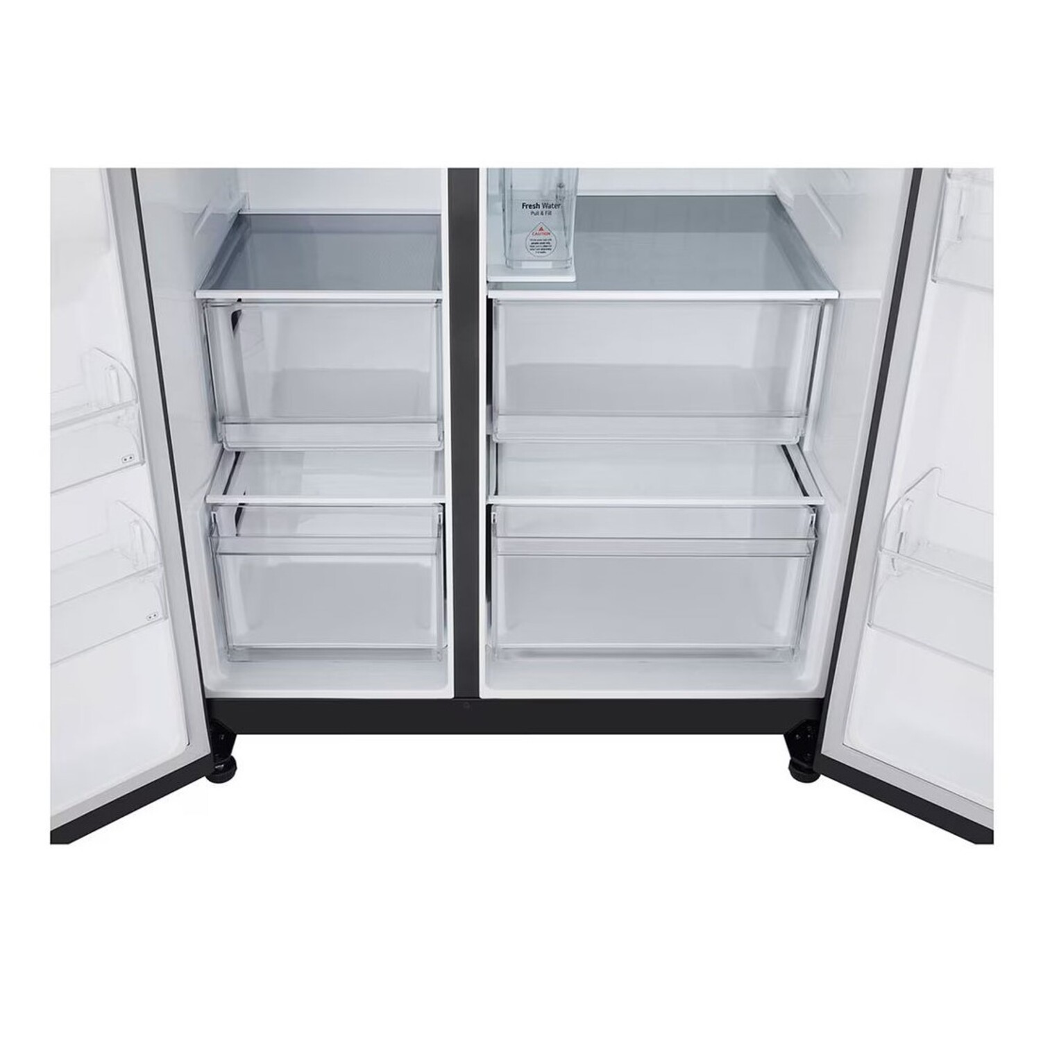 Refrigerator interior, open doors, clear drawers, white interior, black frame.