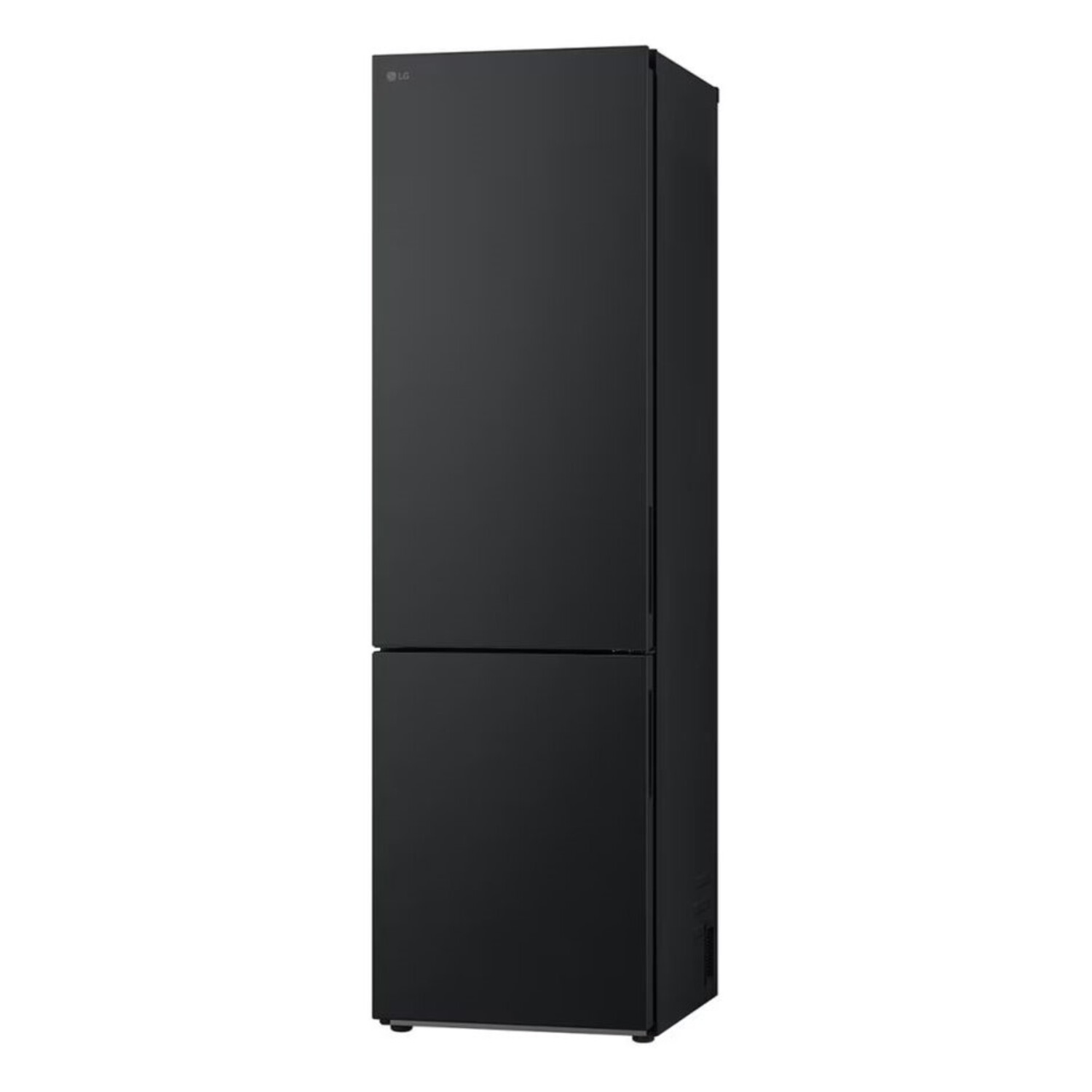 Een zwarte LG koelkast. Hij is hoog en heeft een ontwerp met twee deuren, met het LG-logo linksboven.