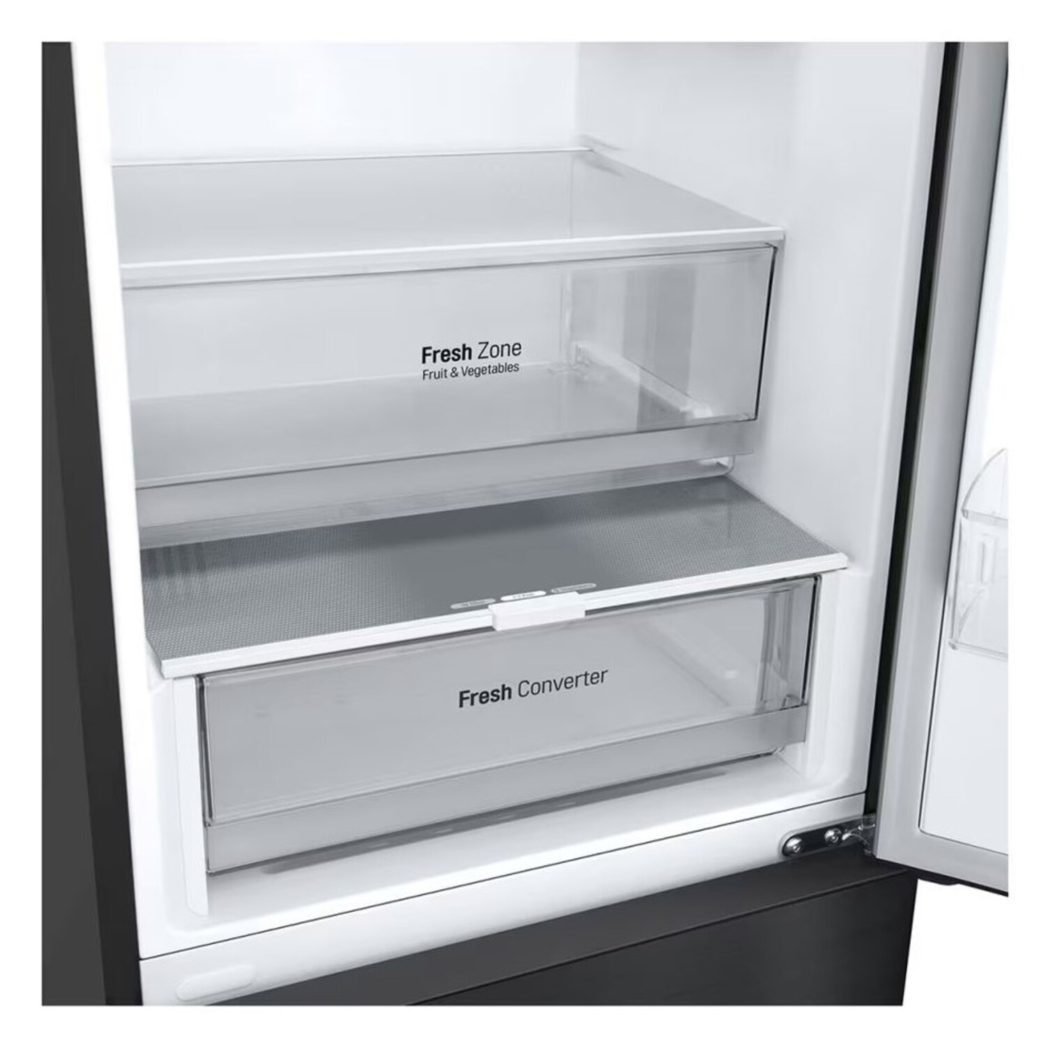 Open koelkastinterieur met twee laden met de labels "Fresh Zone" en "Fresh Converter".