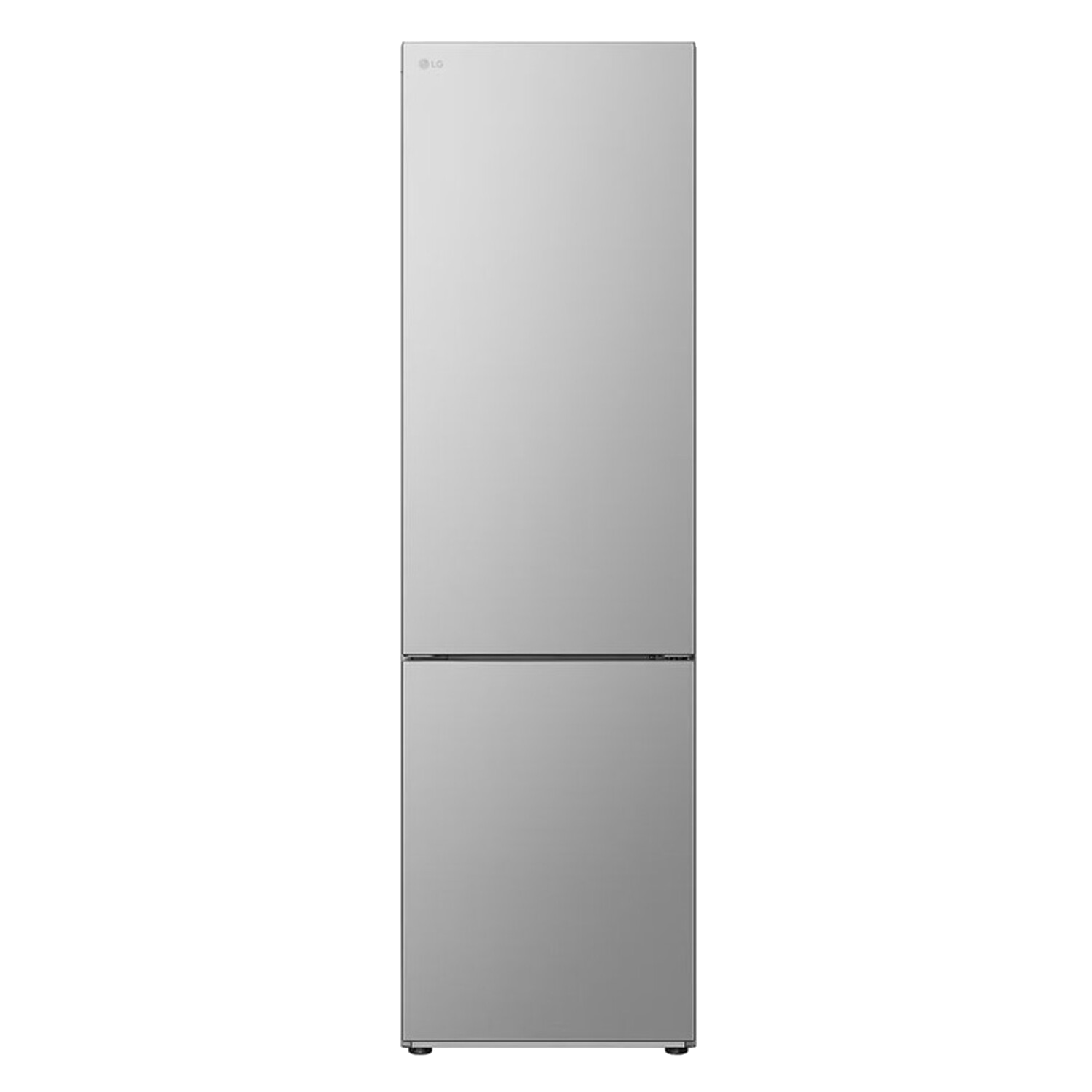 Réfrigérateur LG argenté. Design à deux portes, avec congélateur en bas. Fond noir.