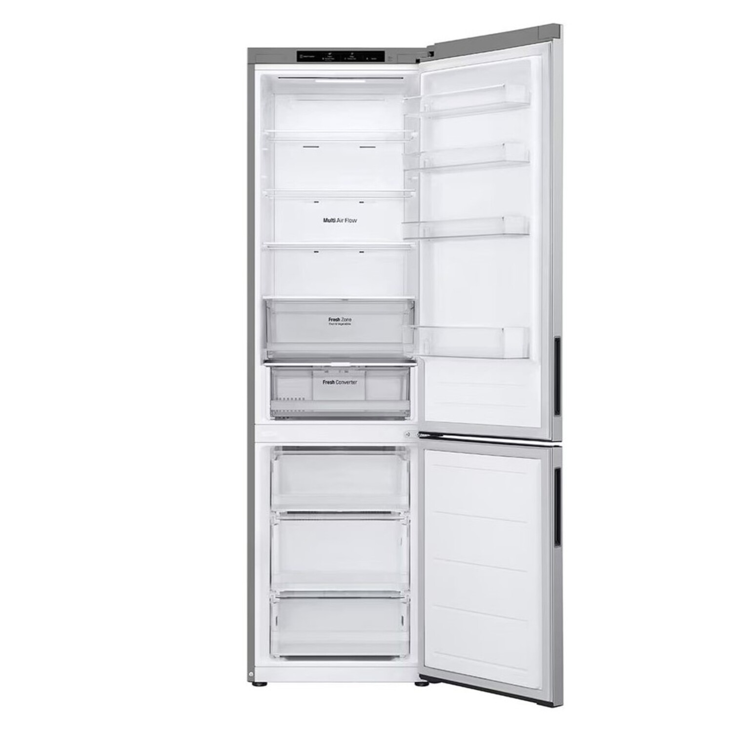 Un réfrigérateur avec ses portes ouvertes, montrant étagères et tiroirs. L'intérieur est blanc.