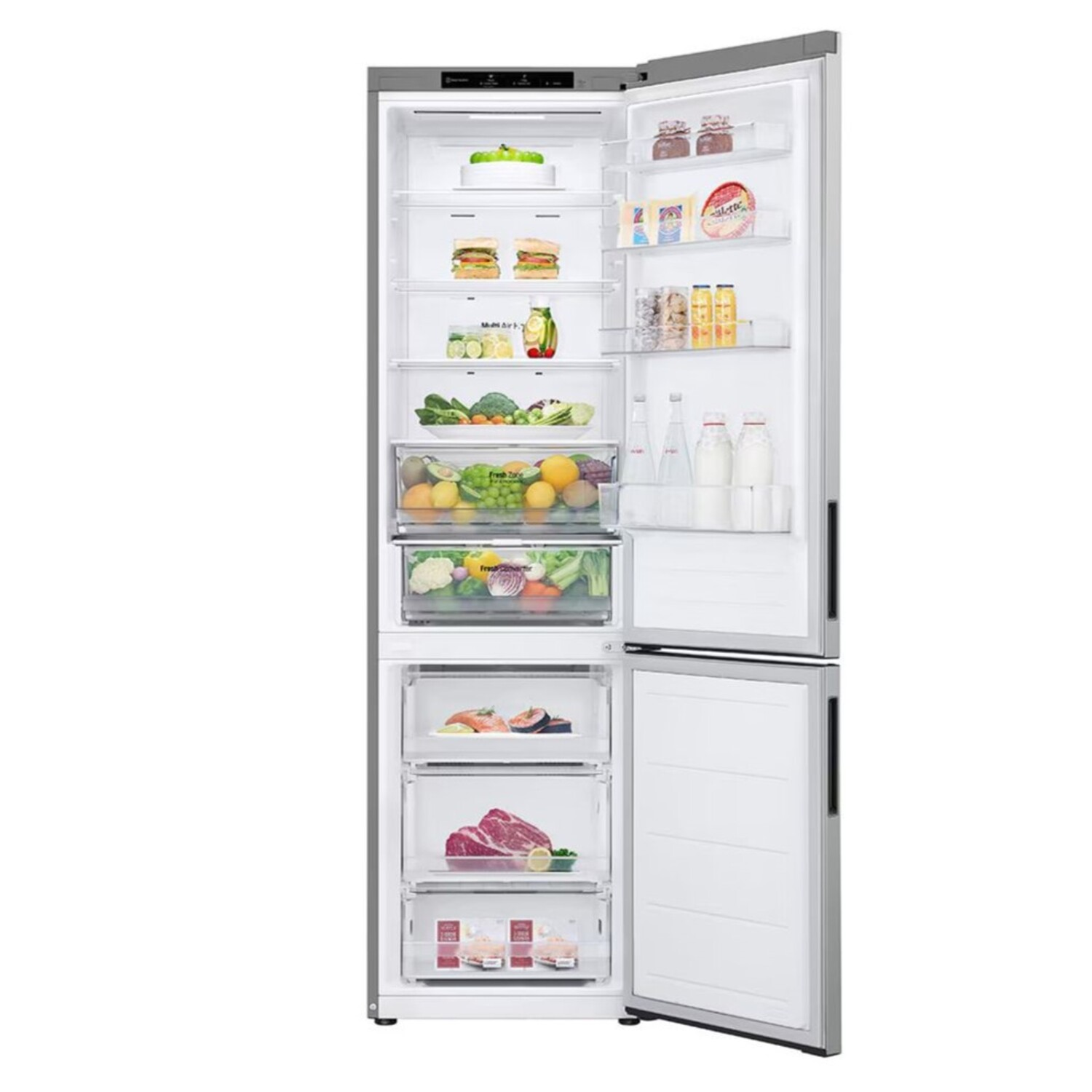 Réfrigérateur LG argenté ouvert avec plusieurs étagères, plein d'aliments.