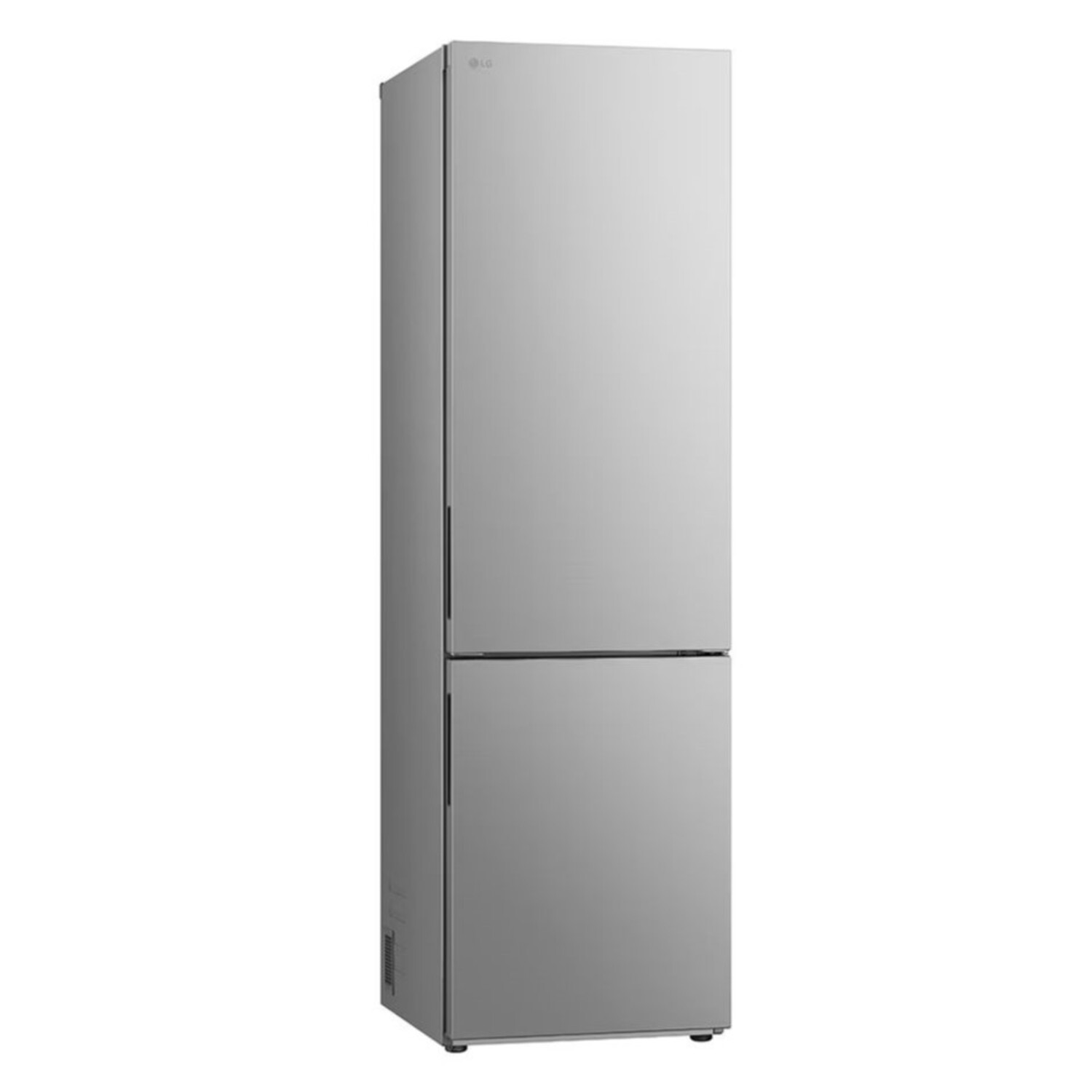 Réfrigérateur LG argenté, deux portes. Sections supérieure et inférieure. Design épuré et moderne.