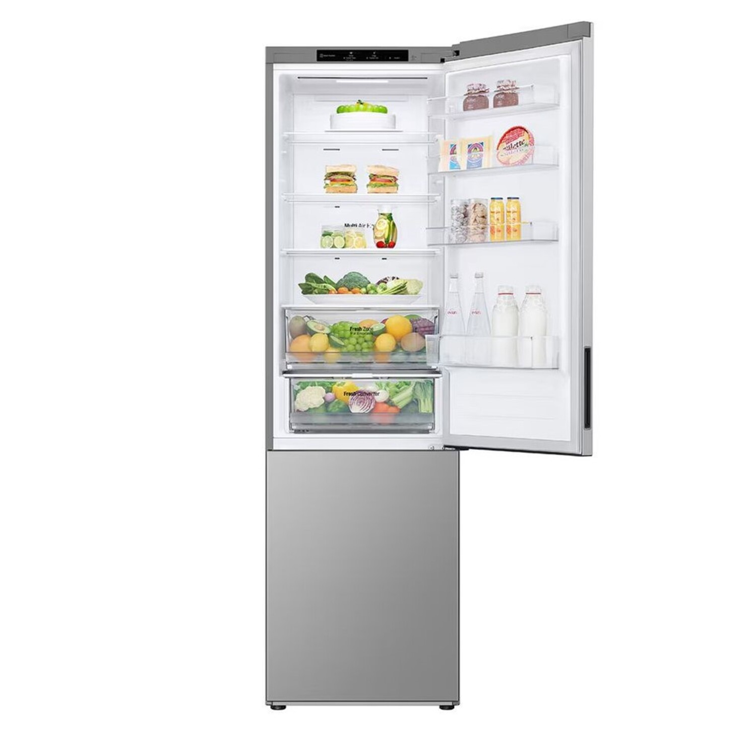 Un réfrigérateur avec porte ouverte, plein de produits alimentaires, sur fond blanc.