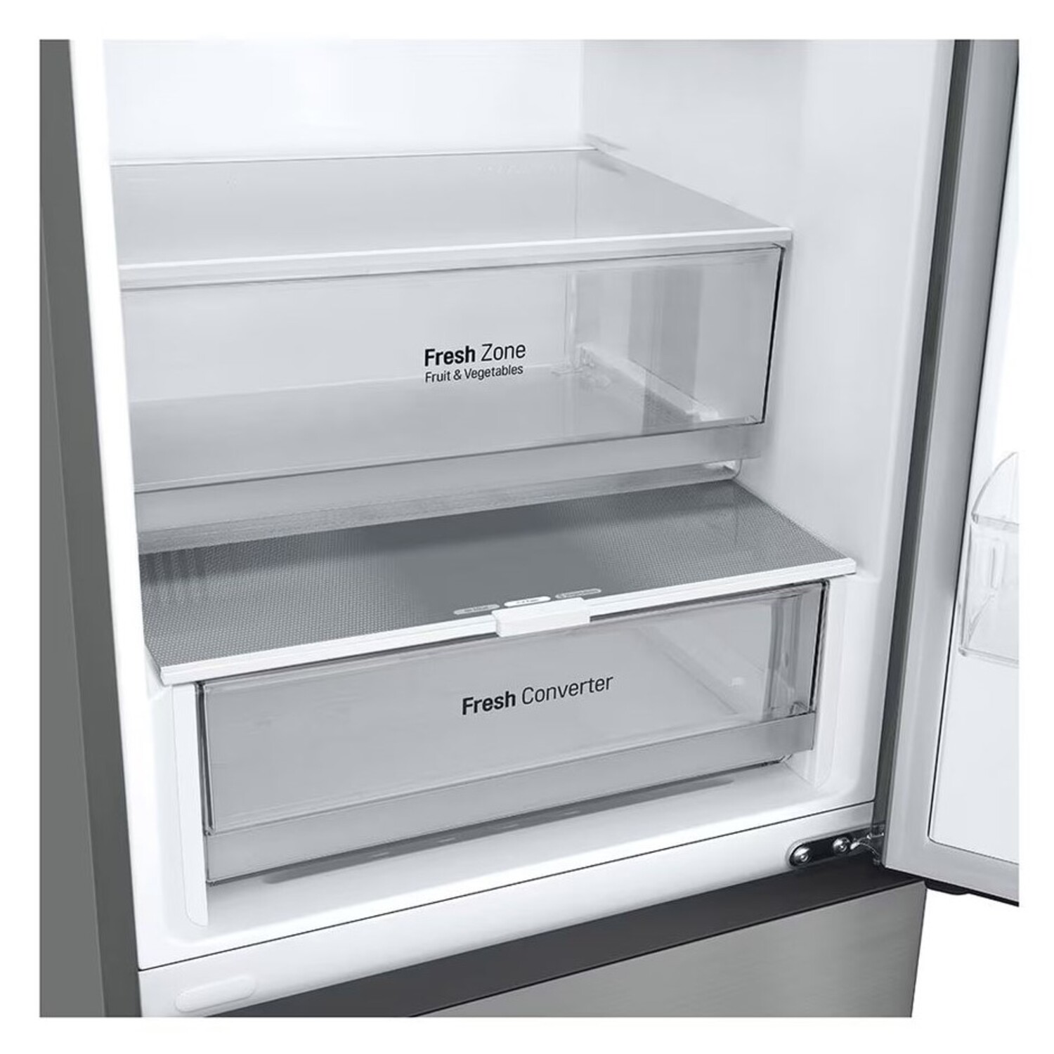 Intérieur d'un réfrigérateur : deux tiroirs avec les étiquettes 'Fresh Zone' et 'Fresh Converter'.