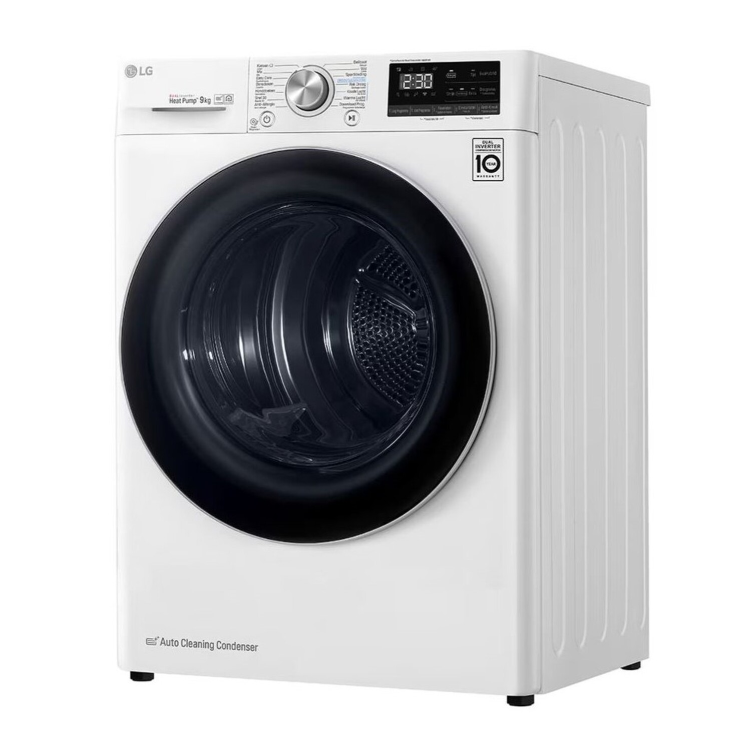 White washing machine with a black circular door. Features a digital display and various control buttons.
