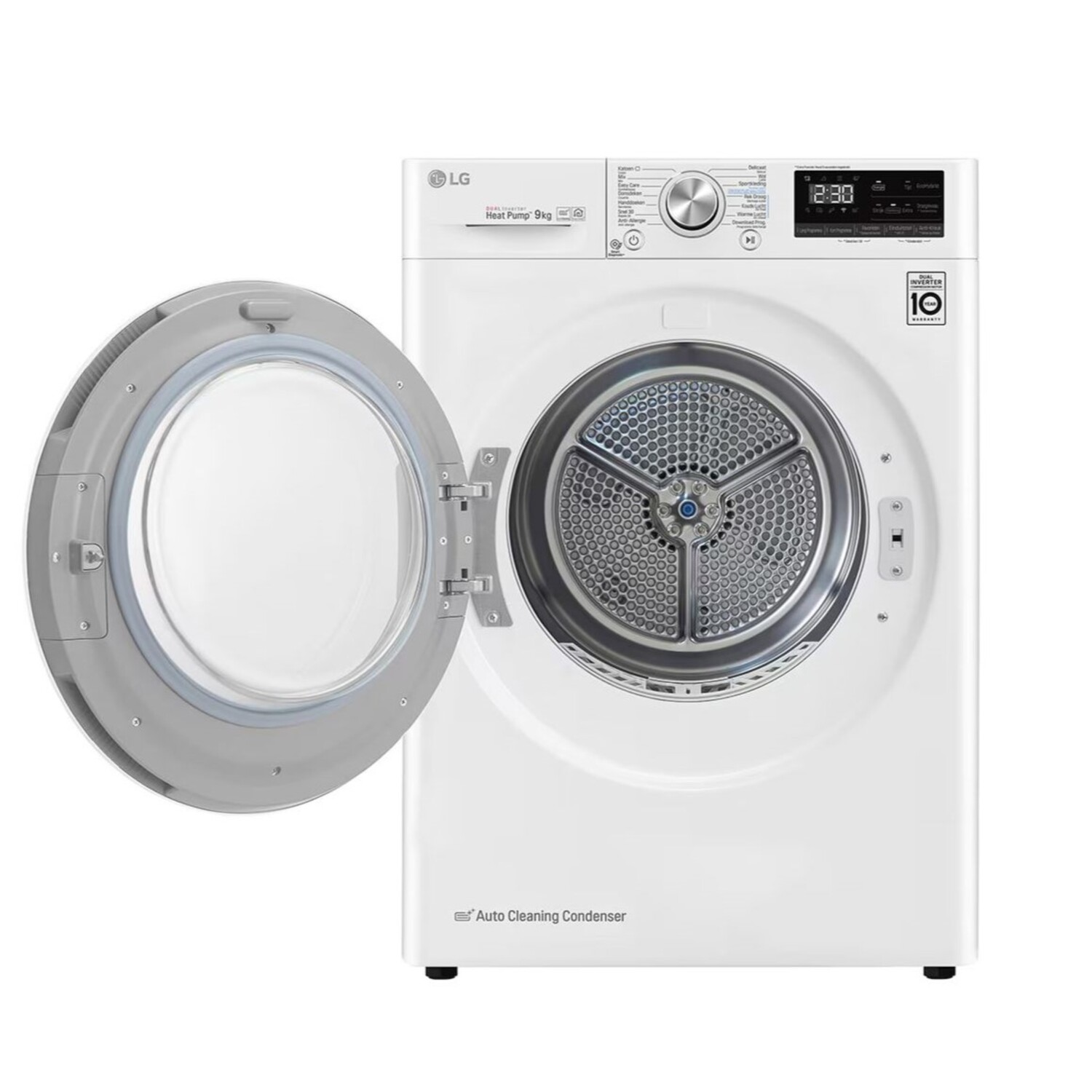 White LG dryer with open door. Interior visible. White background.