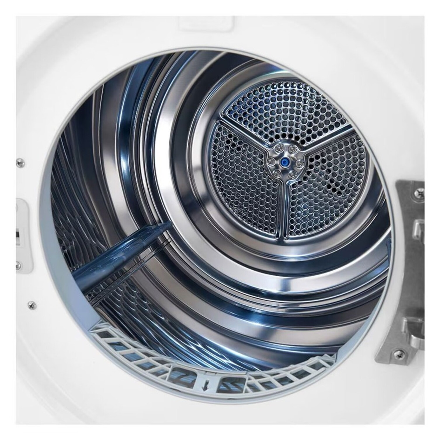 Inside a white dryer with a metallic drum and interior.