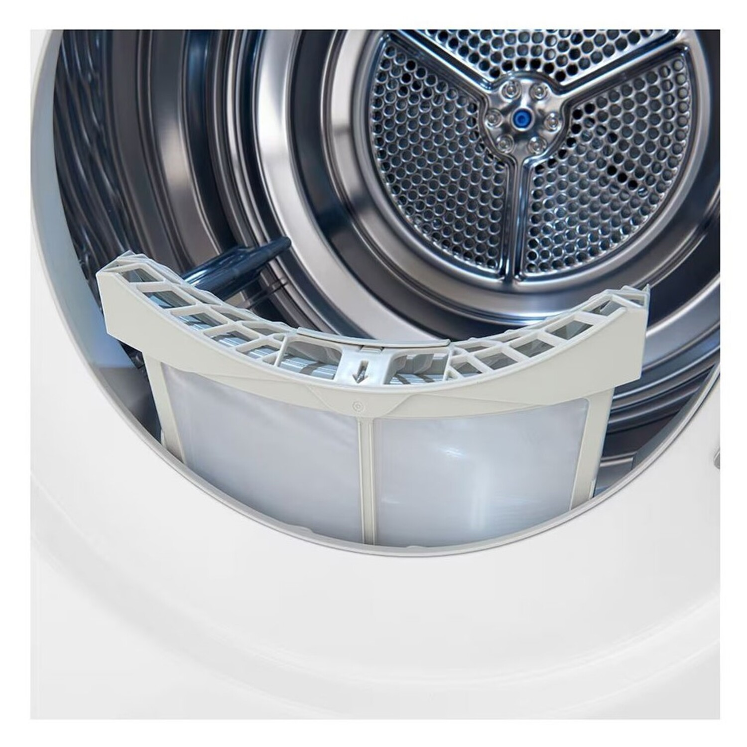 Close-up of a white dryer interior with a filter. The filter is light gray.
