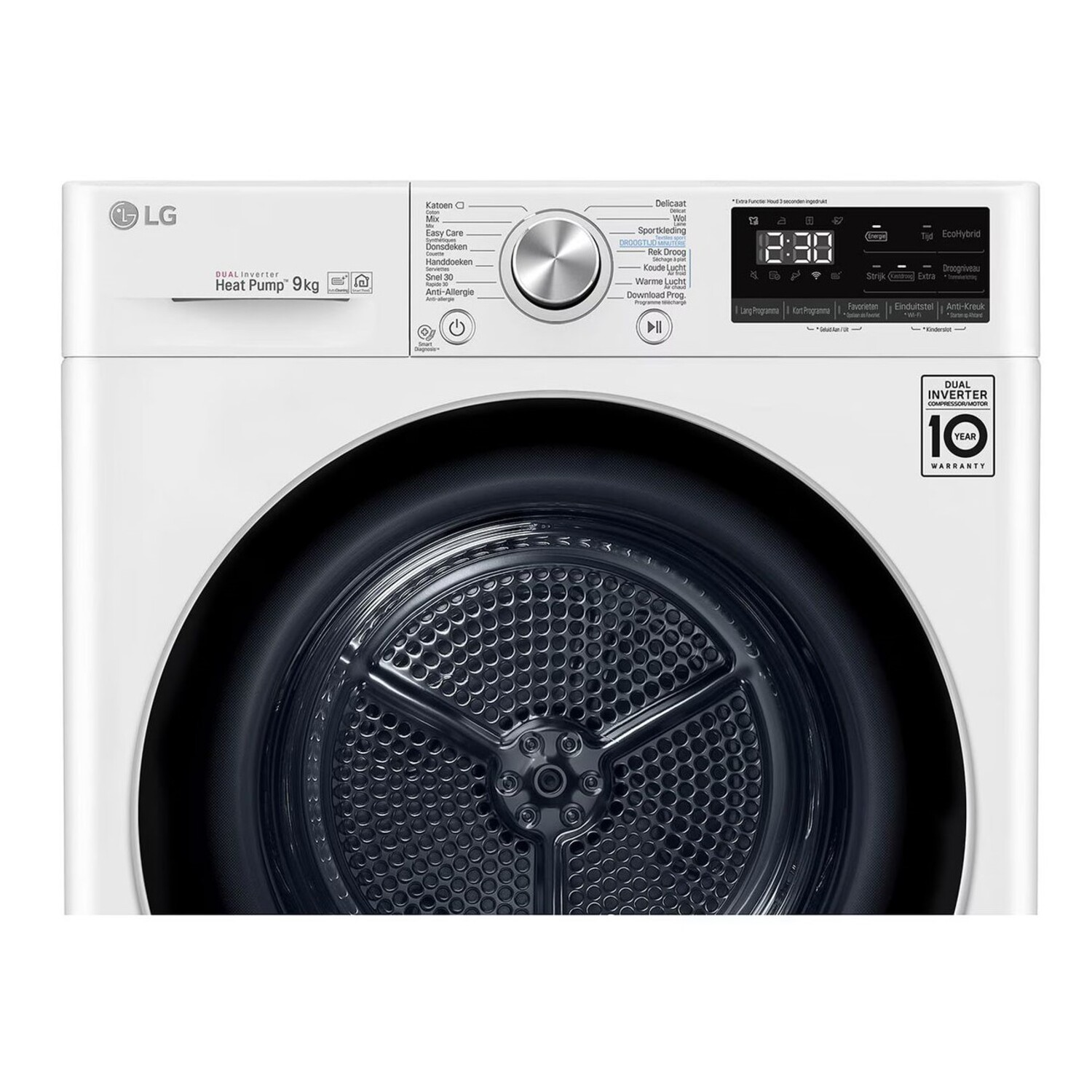White LG dryer with a black door and digital display.