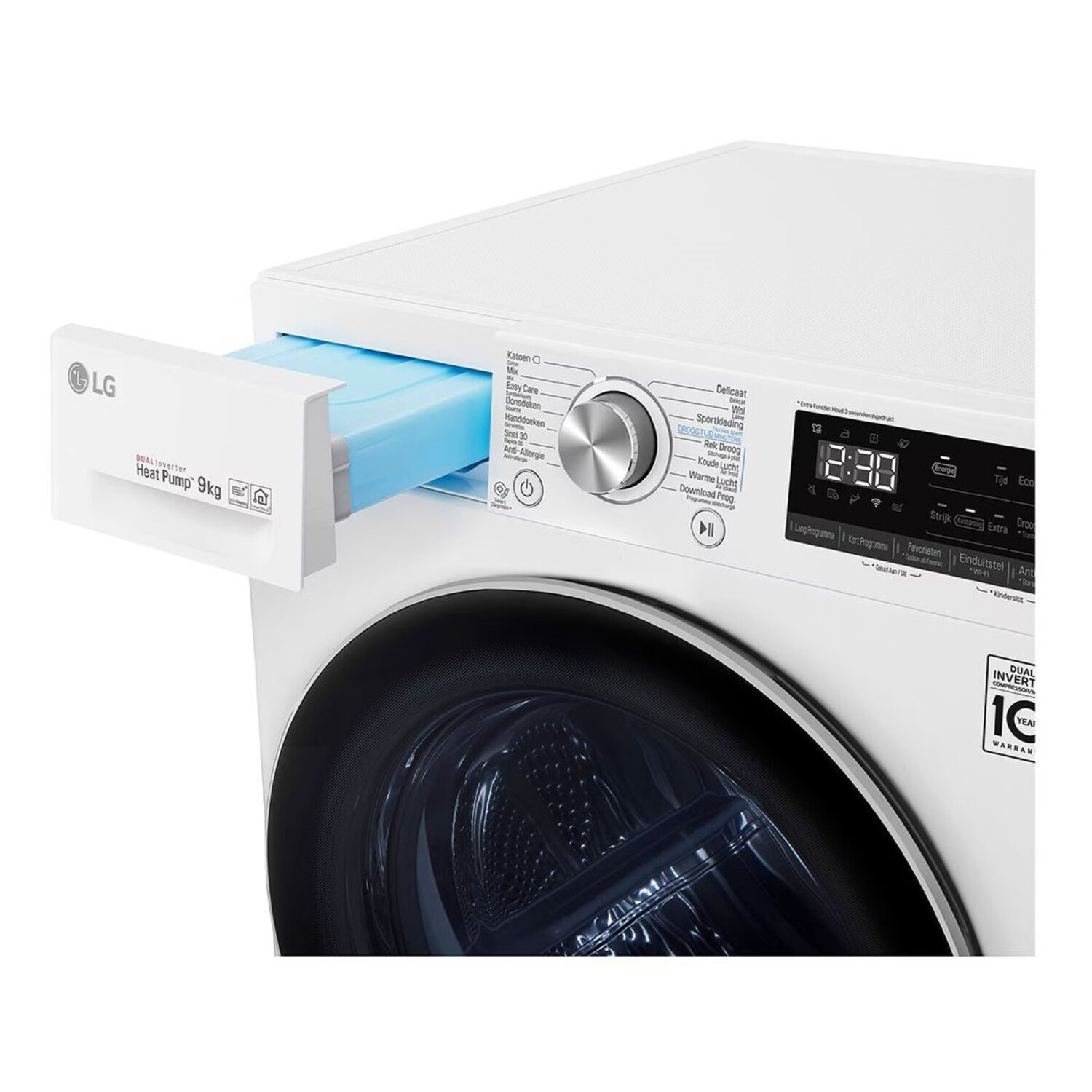 A white LG washing machine with a drawer open and a blue filter.