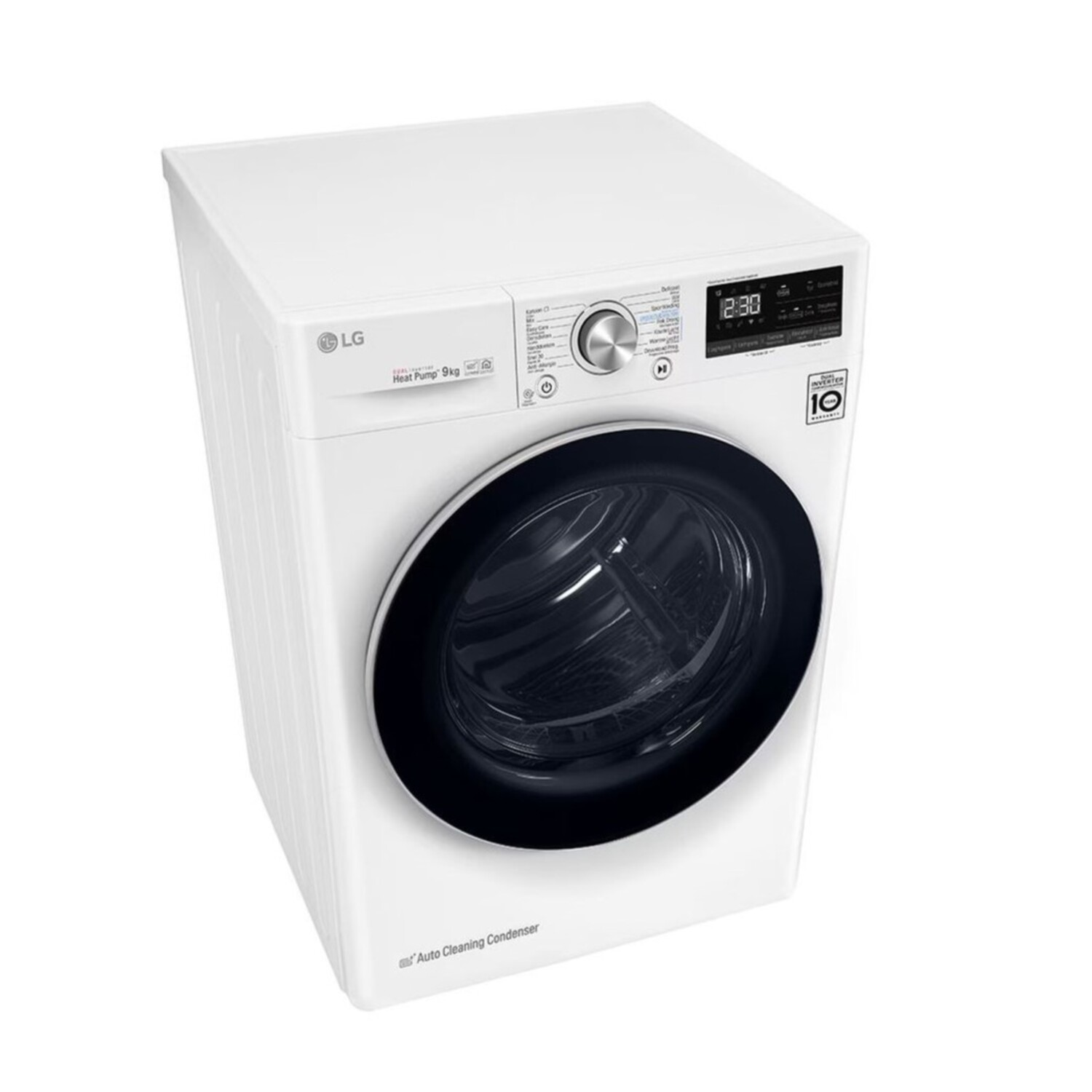 White LG dryer, top-down view, with black door and digital display, on white background.
