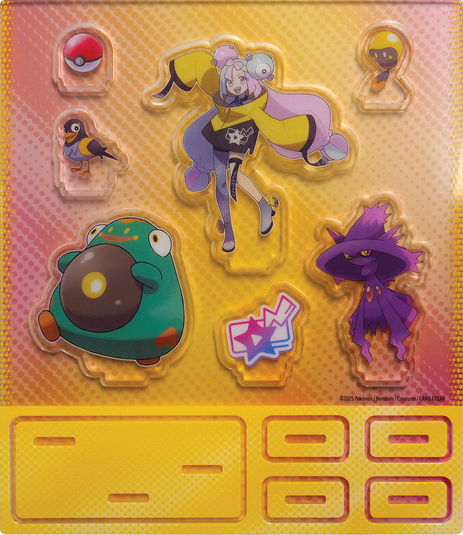 Eine gelb-orange Acrylplatte mit Pokémon-Charakteren und einem Ständer.