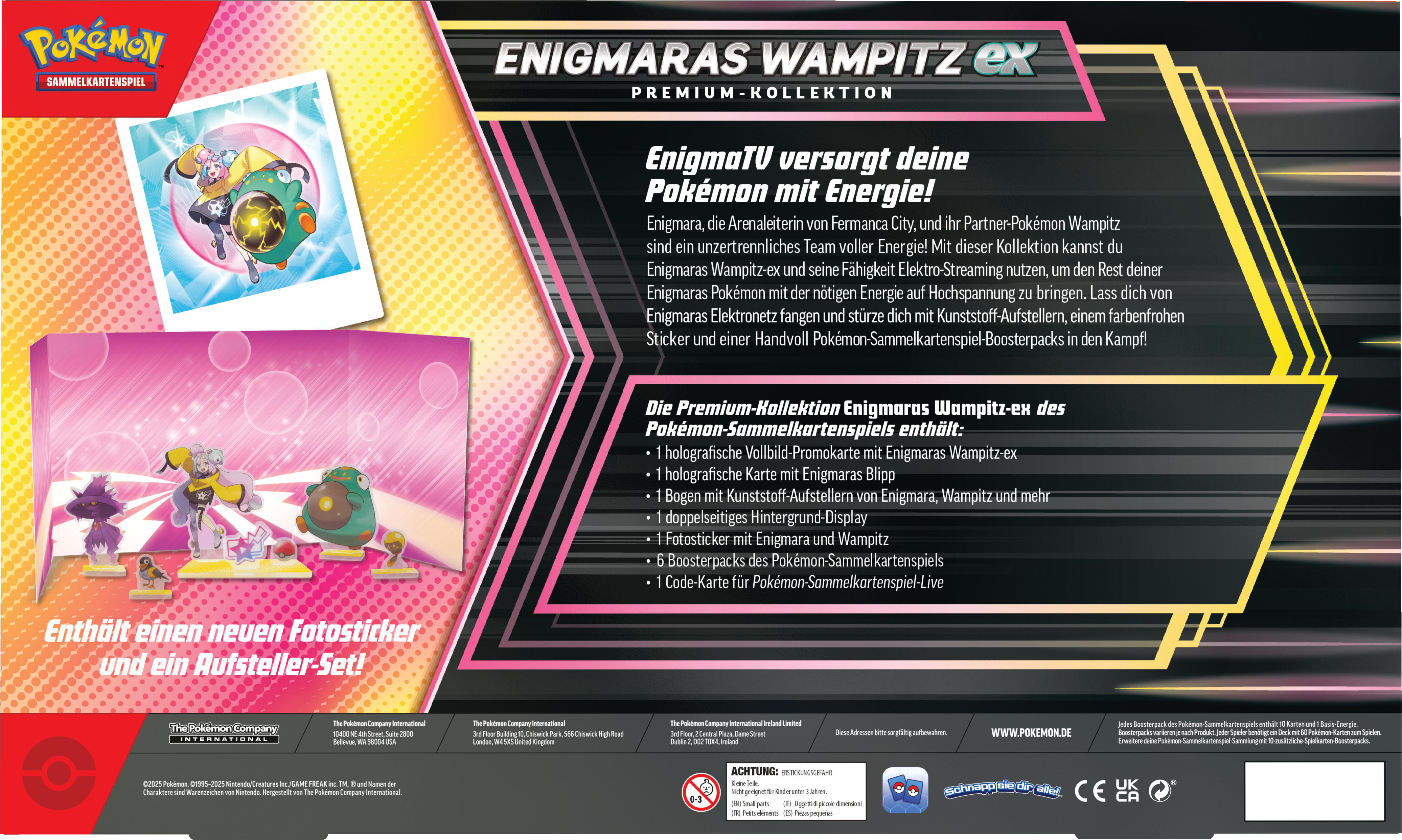 Die Rückseite einer Pokémon-Sammelkartenbox, mit Text und Illustrationen des Produkts.