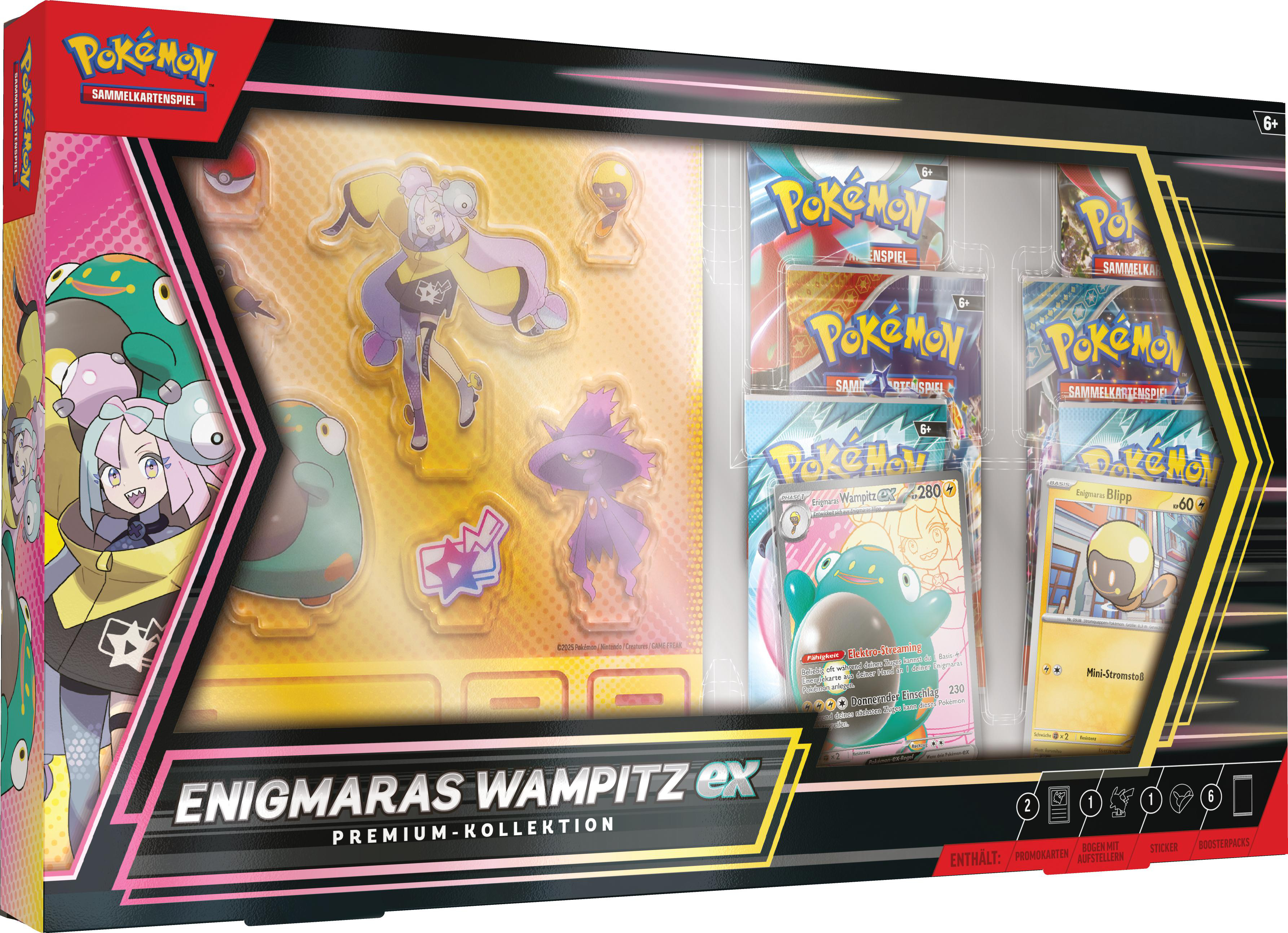 Pokemon-Sammelkartenspiel-Set mit Karten, Figuren und Box-Art mit Charakteren und Logos.