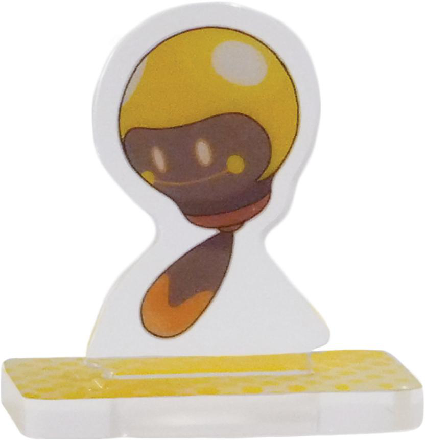 Eine gelbe Figur auf weißem Sockel. Die Figur hat einen gelben Kopf und einen braunen Körper.