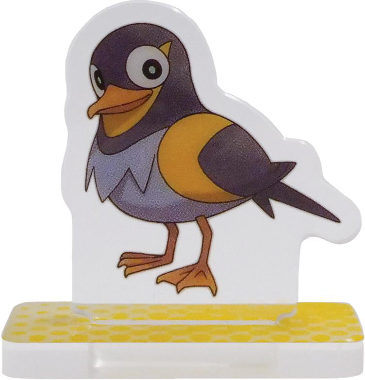 Eine vogelartige Figur im Cartoon-Stil, die auf einem gelben Ständer steht. Der Vogel hat lila und gelbe Federn.