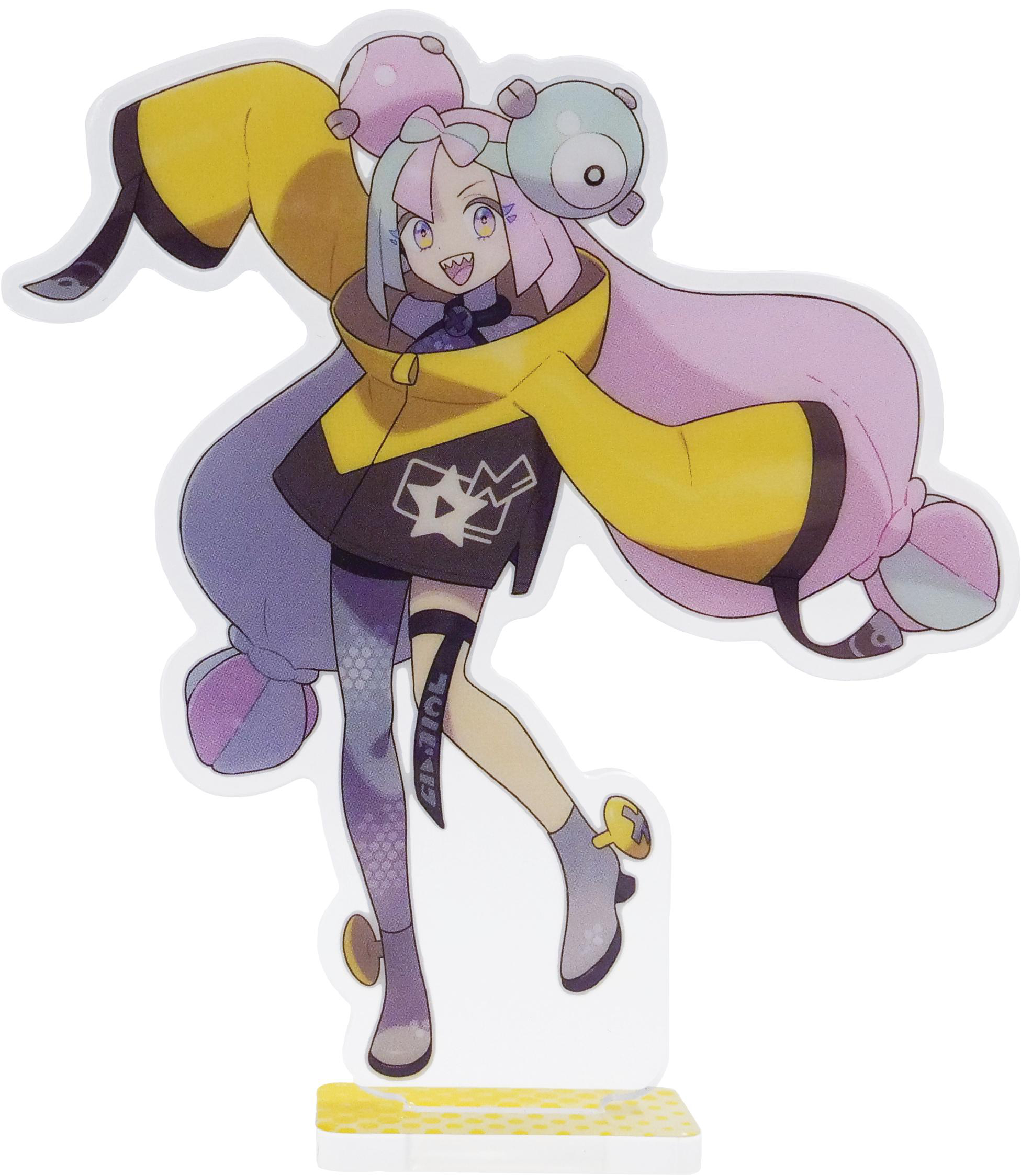 Anime-Figur mit gelbem Mantel, rosa Haaren. Es ist ein Aufsteller.