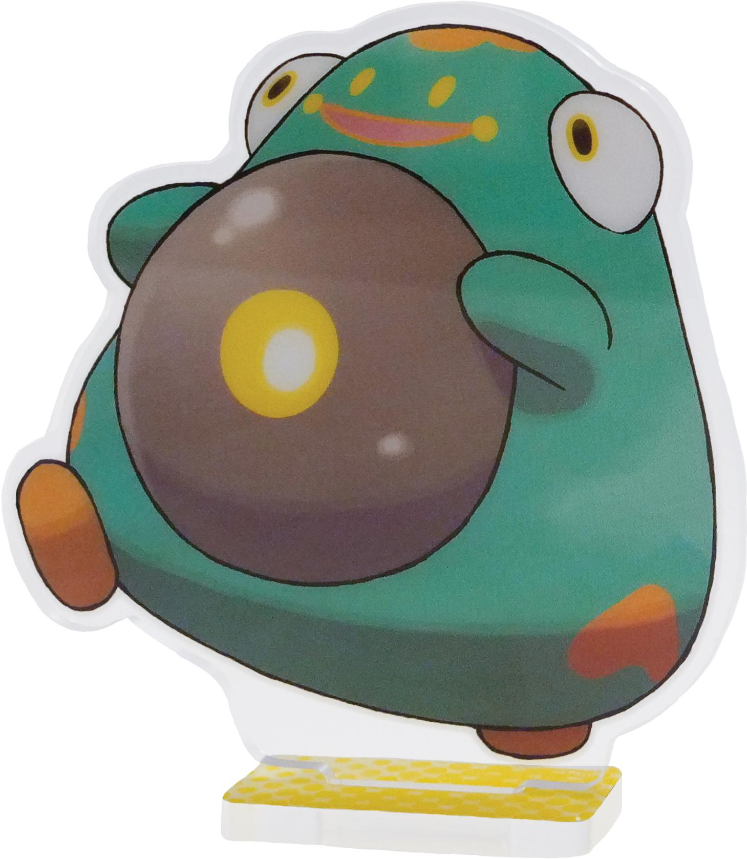 Eine cartoonartige, froschähnliche Figur mit großem, braunem Bauch und gelber Basis.