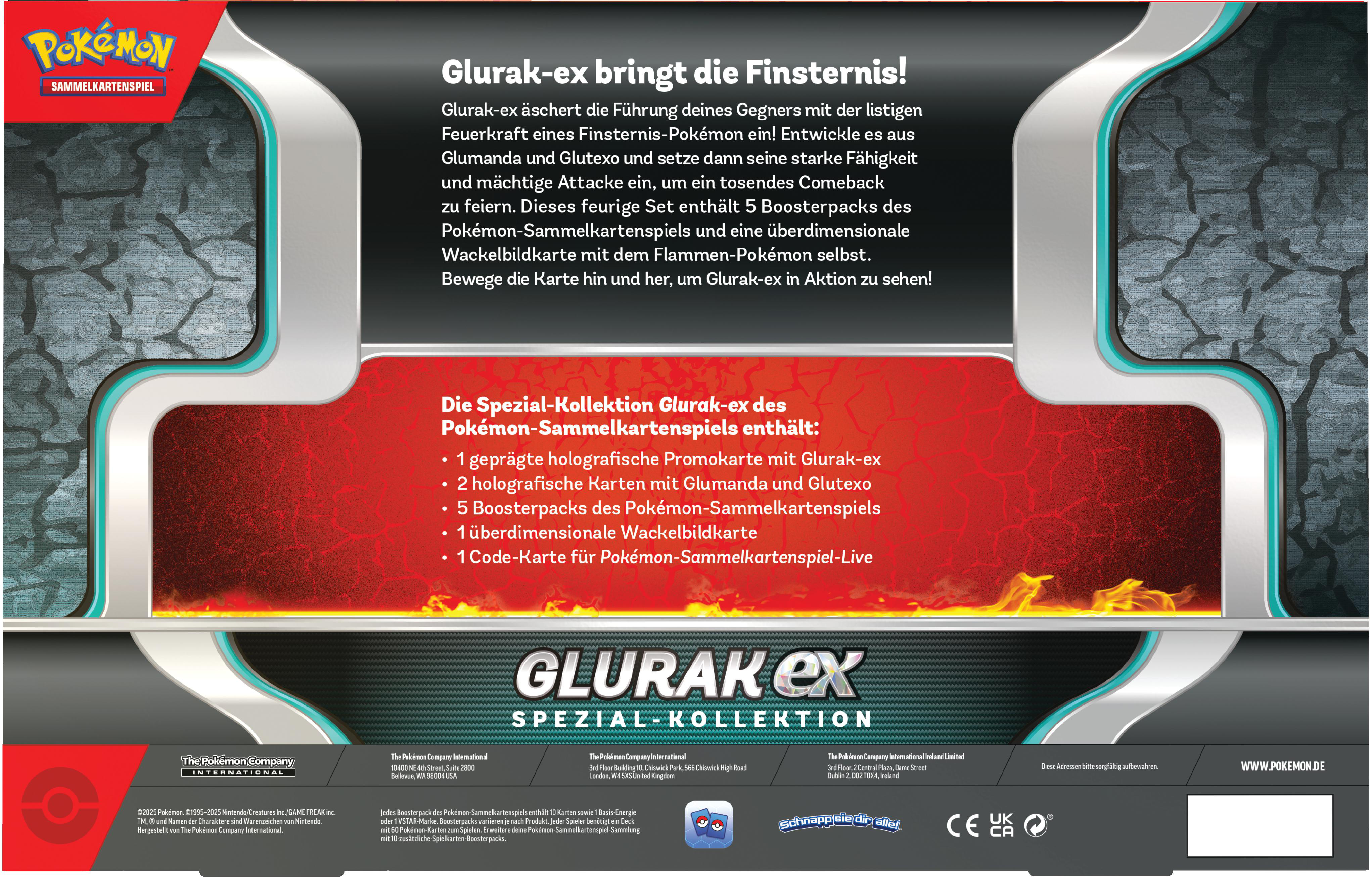 Rückseite einer Pokémon-Kartenbox mit Text in Deutsch, roten und silbernen Farben, zeigt Produktinformationen.