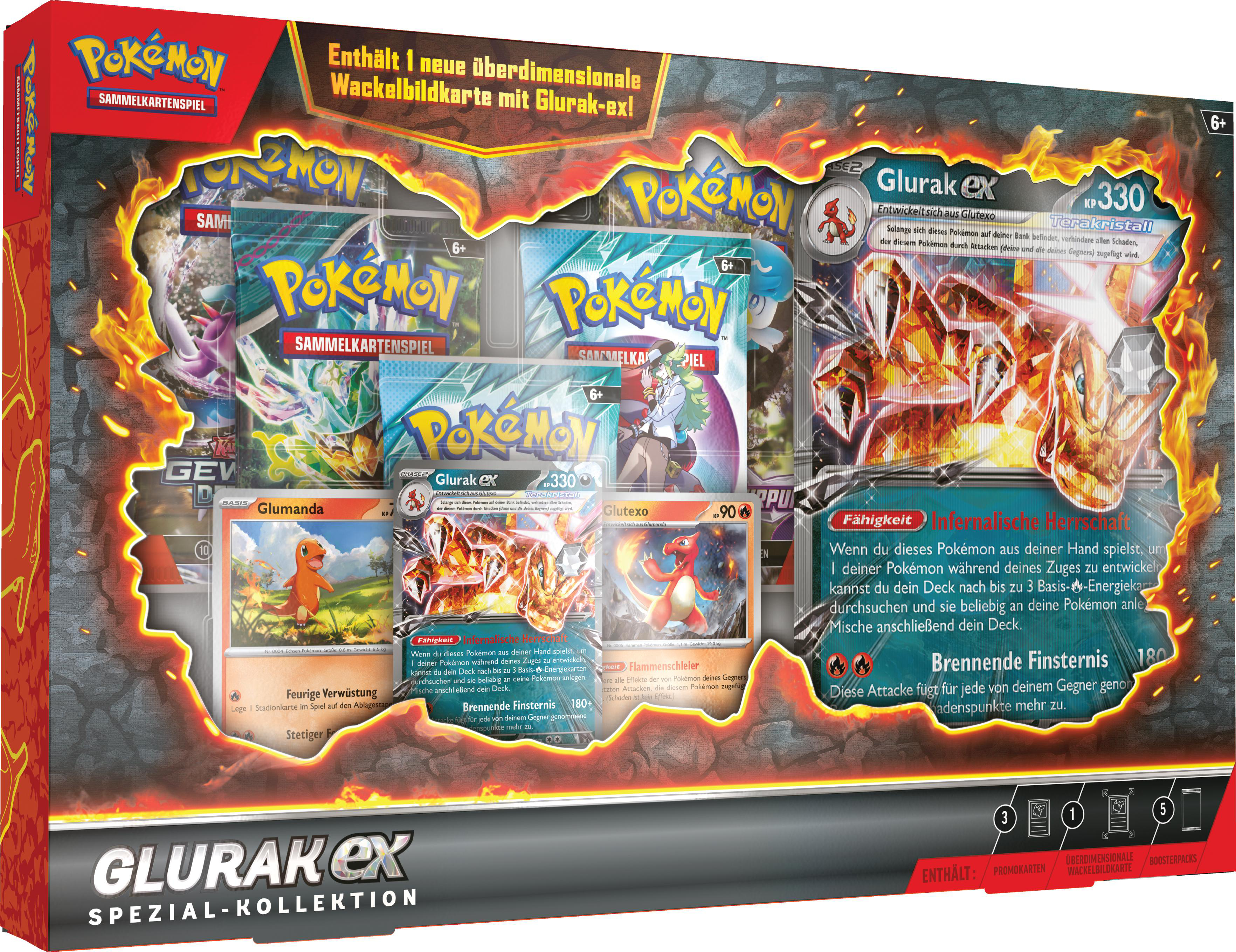 Pokémon-Sammelkartenspiel-Box-Set mit mehreren Kartenpackungen und einer Glurak EX-Karte.