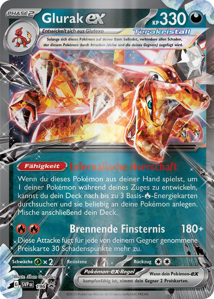 Eine Pokémon-Karte. Die Karte ist auf Deutsch. Sie zeigt ein drachenartiges Wesen in Orange.