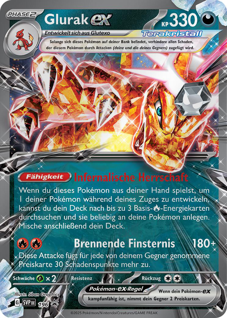Glurak EX Pokémon-Karte mit feurigen Bildern und Text auf Deutsch.