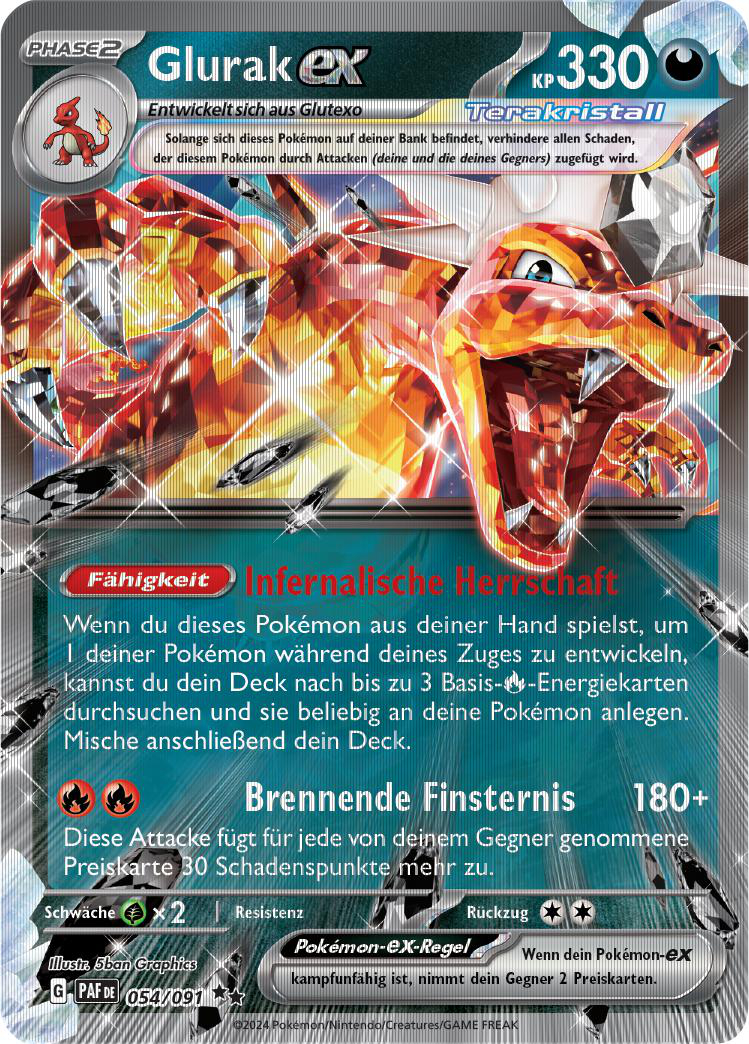 Glurak EX Pokémon-Karte mit feurigen Bildern und Text auf Deutsch.