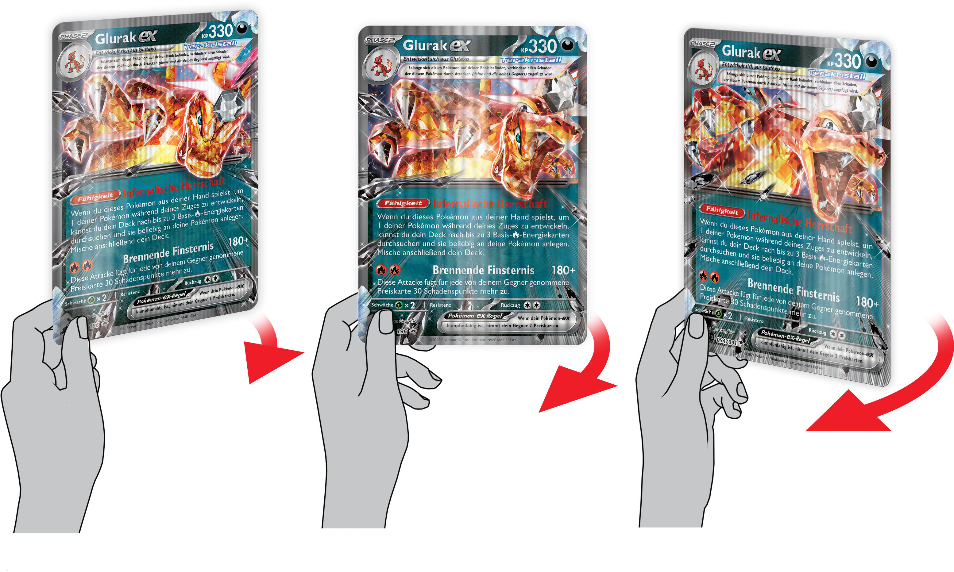 Hände, die drei Pokémon-Karten halten und drehen, jede mit einer Charizard EX-Illustration.