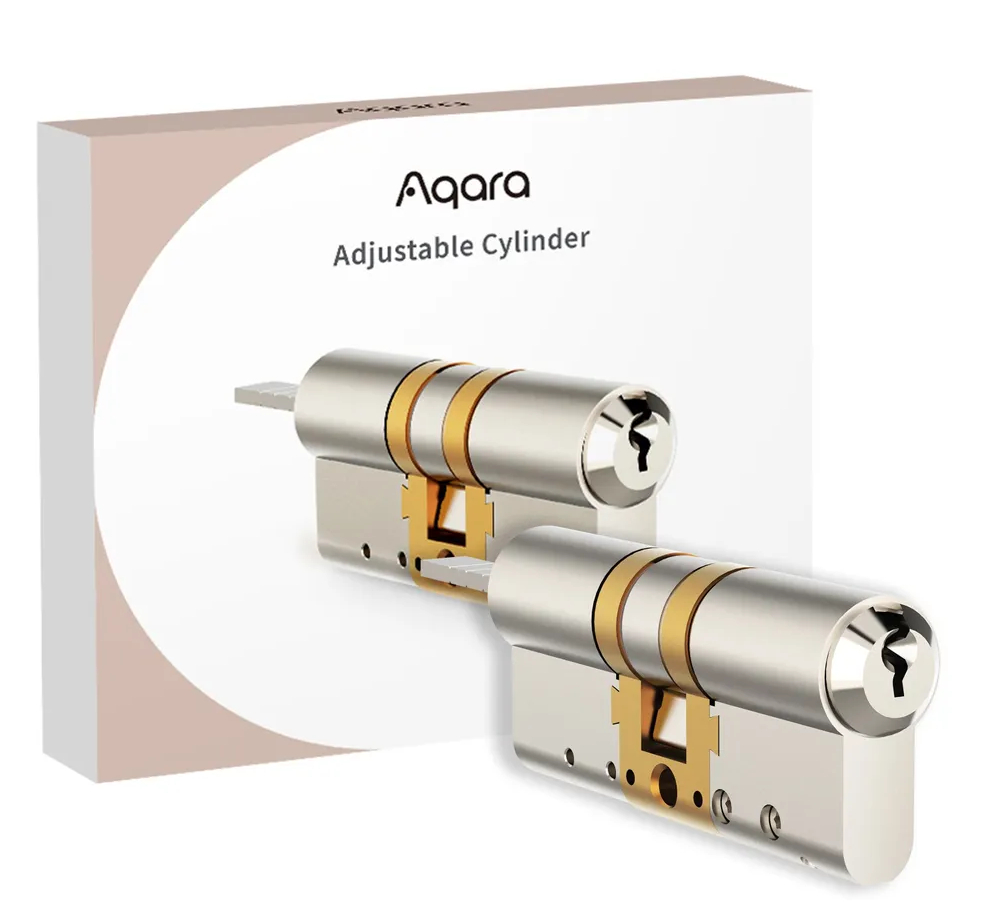 Dwa srebrne cylindry regulowane Aqara przed pudełkiem z nazwą marki.