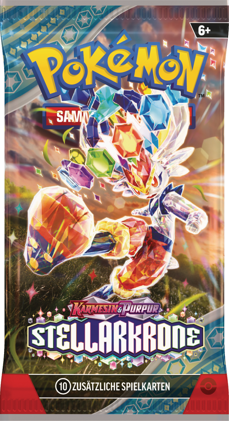 Eine bunte Pokémon-Kartenpackung mit einer Cartoonfigur.