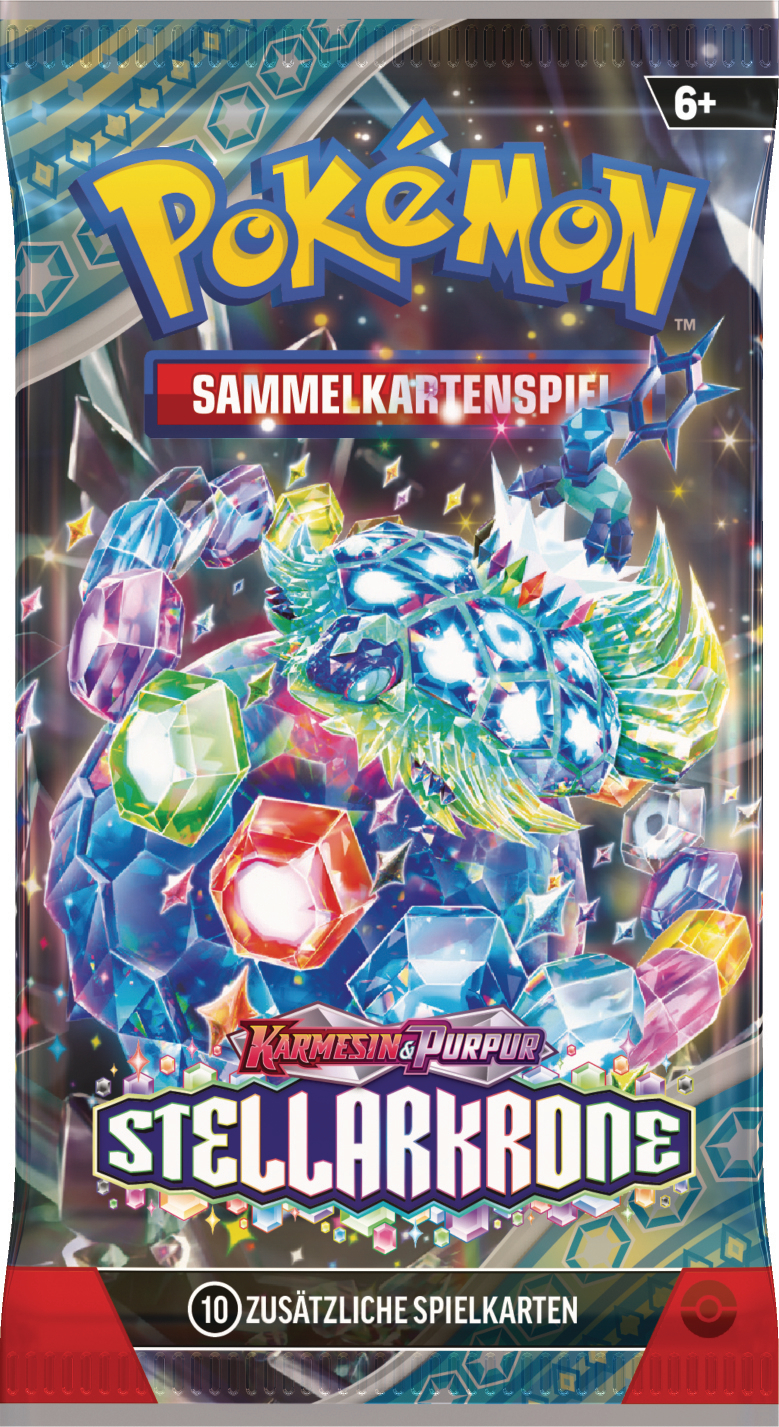 Eine Pokémon-Karten-Boosterpackung mit bunten Edelsteinen und Pokémon-Logo.