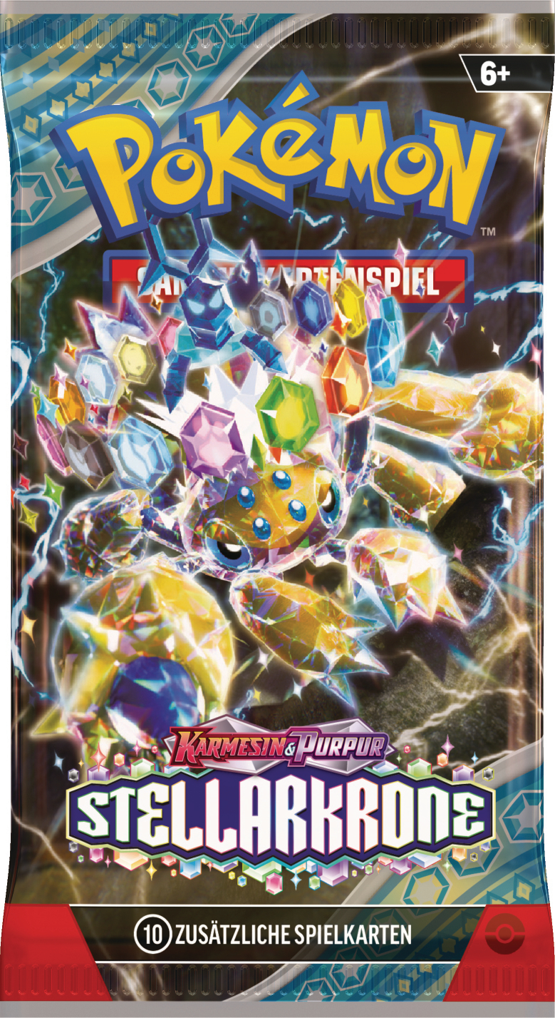 Pokemon TCG Boosterpack. Bunte Packung mit Pokemon-Karte und Logos. Blaue und gelbe Farben.