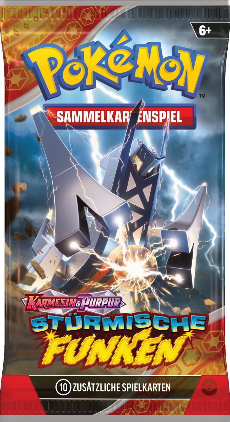 Pokemon-Kartenpackung mit den Worten 'Karmesin & Purpur Stürmische Funken' sichtbar.