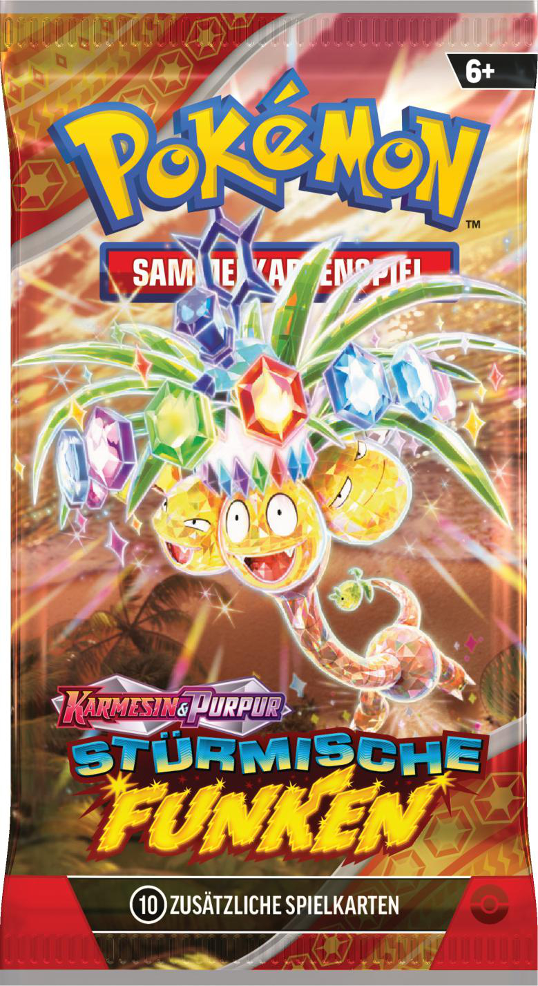Eine Pokémon-Kartenpackung mit farbenfrohem Design und Text.