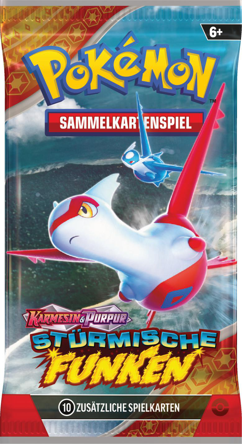 Pokemon-Kartenpackung, farbenfrohes Design, mit fliegendem Wesen auf blauem Grund.
