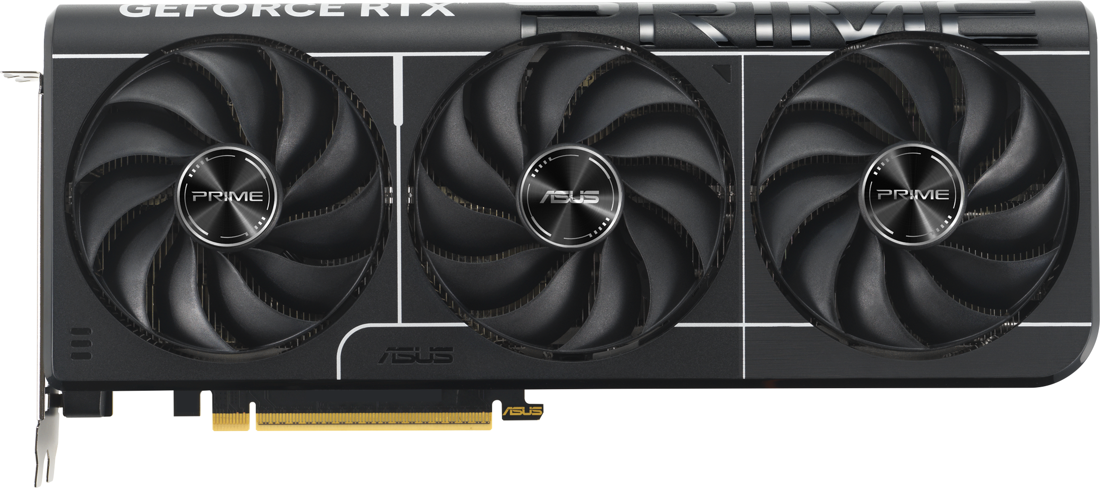 Une carte graphique noire avec trois ventilateurs et le logo ASUS PRIME sur fond noir.