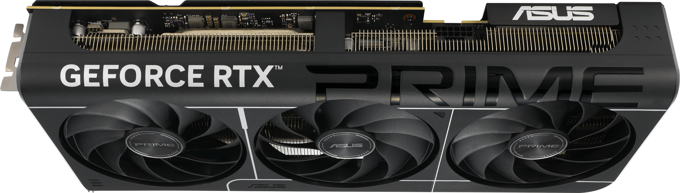 Carte graphique noire avec trois ventilateurs et texte "GEFORCE RTX PRIME".