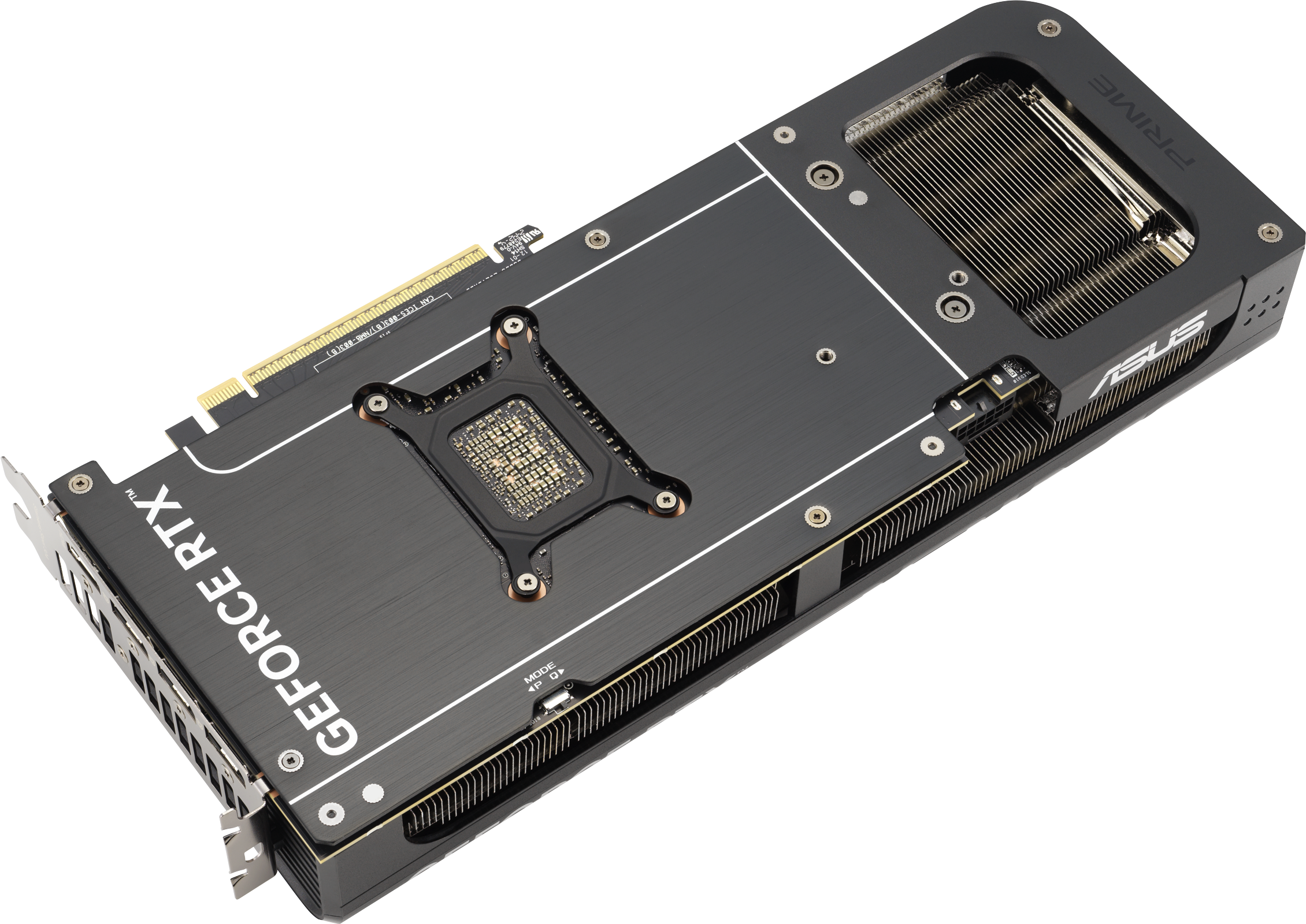 Une carte graphique ASUS GeForce RTX noire avec le texte "GeForce RTX" sur une surface noire.
