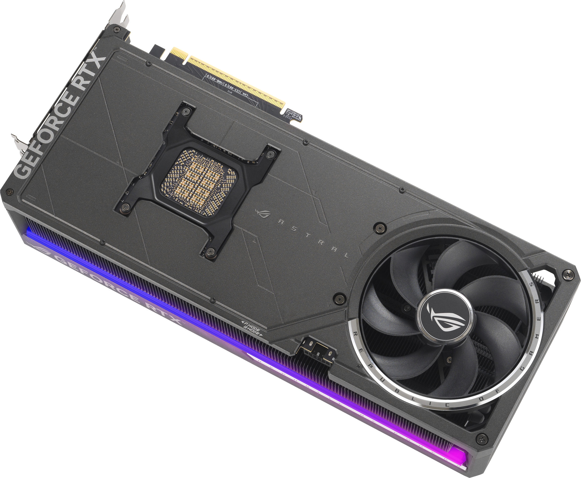 Una scheda grafica ROG Strix Astral nera e grigia, vista angolata.