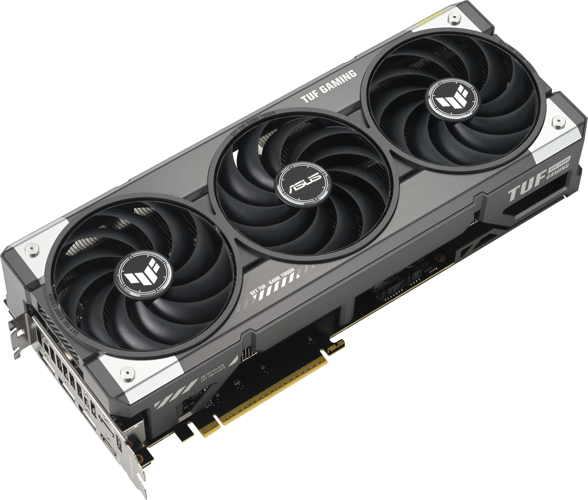 Carte graphique Asus TUF Gaming avec trois ventilateurs, grise et noire, sur fond noir.