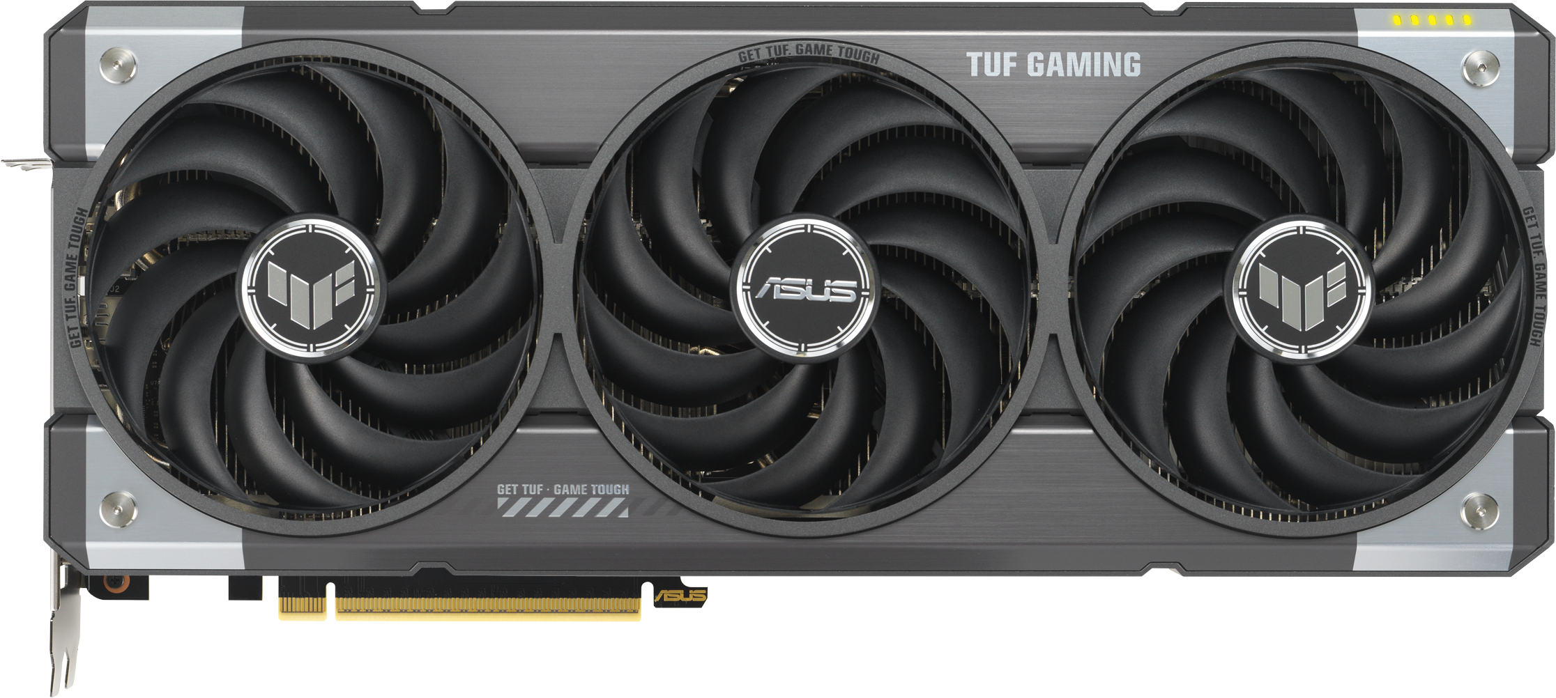 Une carte graphique TUF Gaming avec trois ventilateurs, le logo ASUS et les mots 'GET TOUGH'.