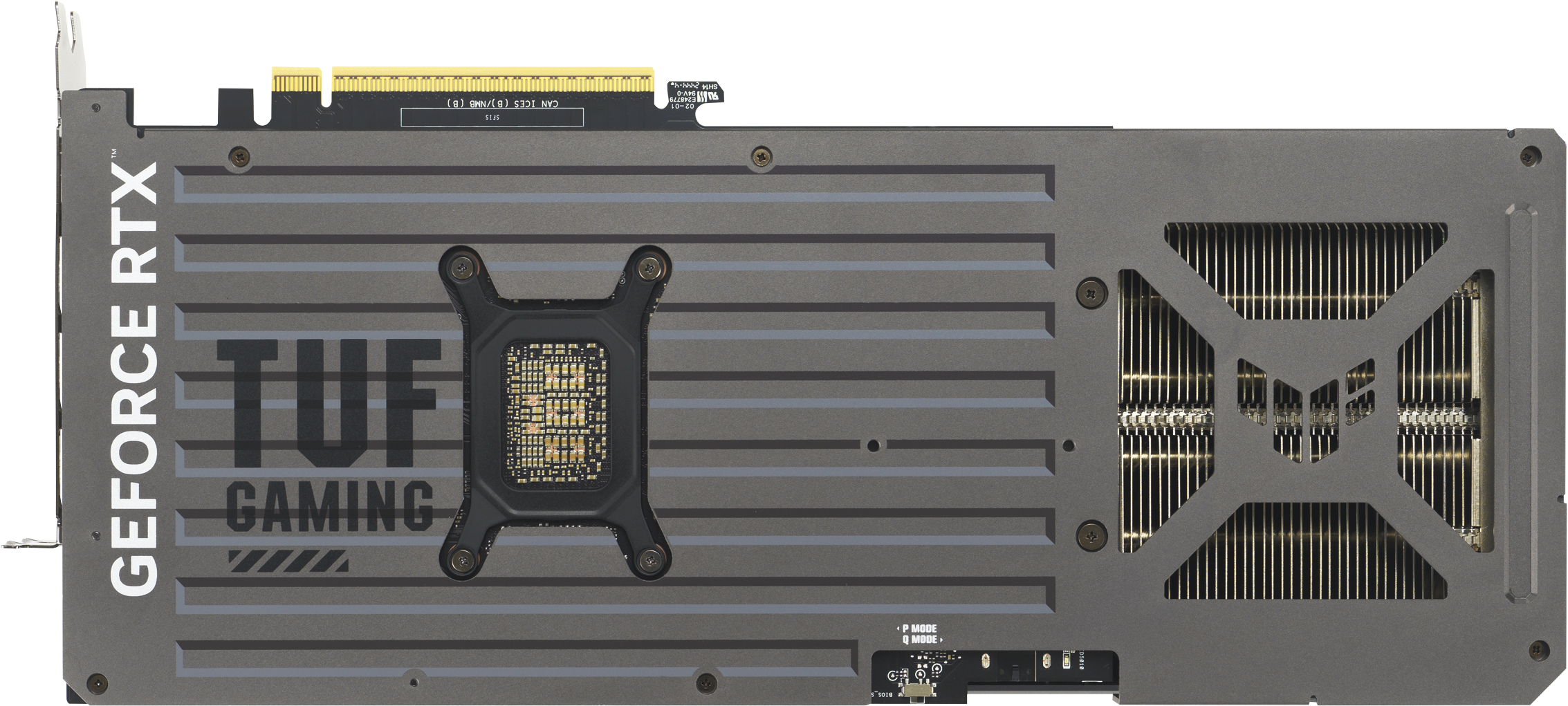 Arrière d'une carte graphique TUF Gaming RTX grise et noire.